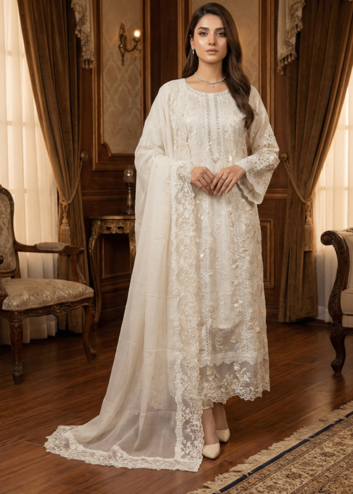 cotton net Kurta Set in Off-white