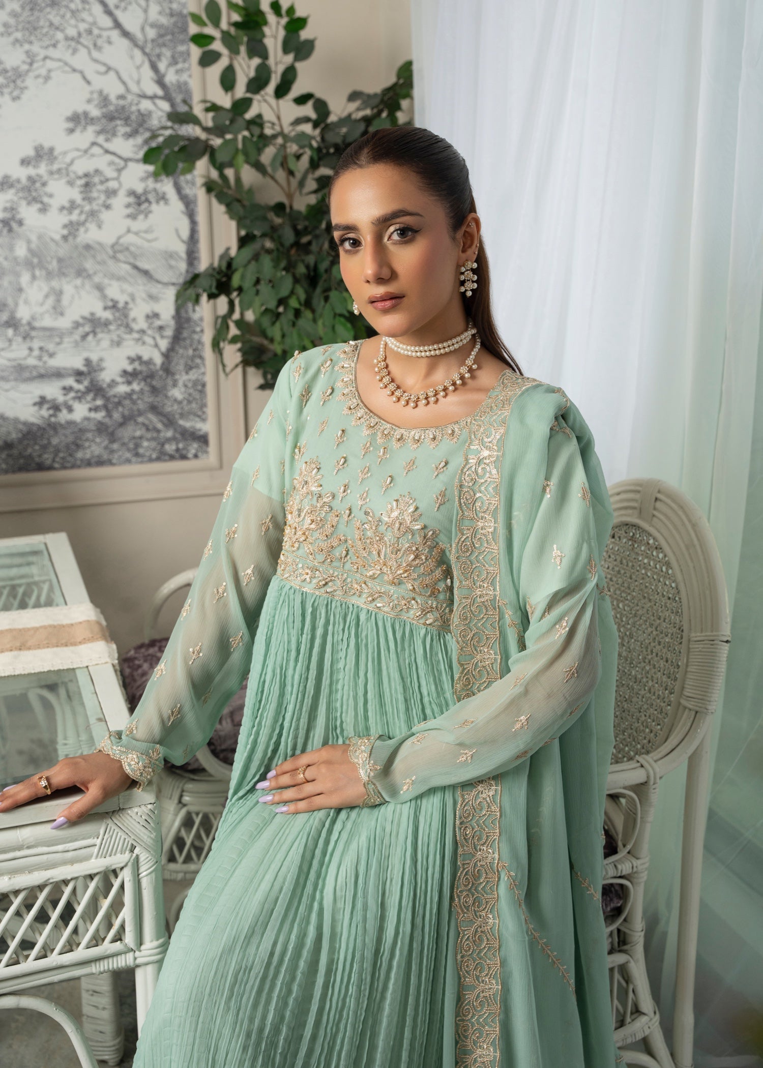 chiffon Pishwas in Mint green
