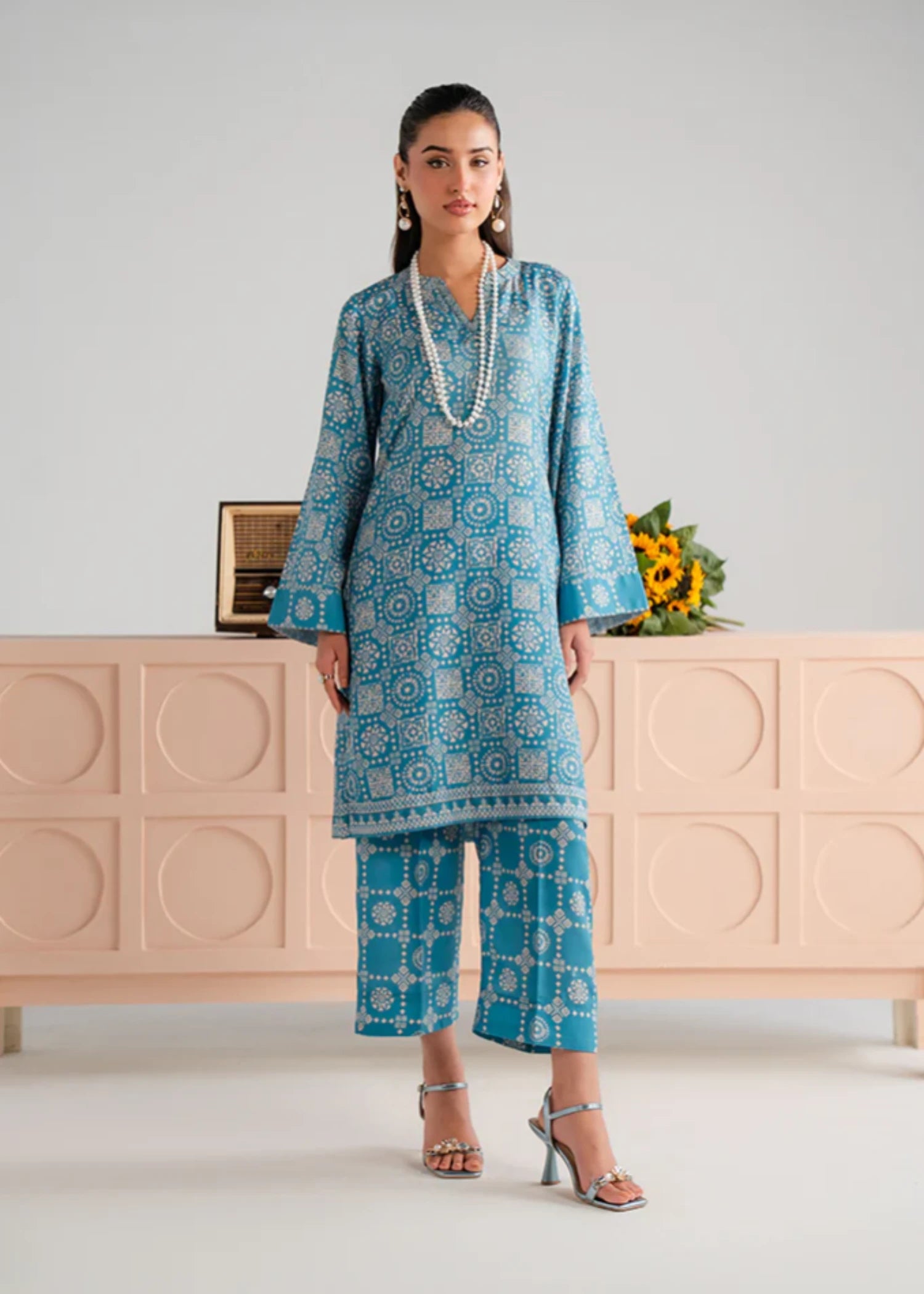 poly lawn Kurta Set in Sky blue