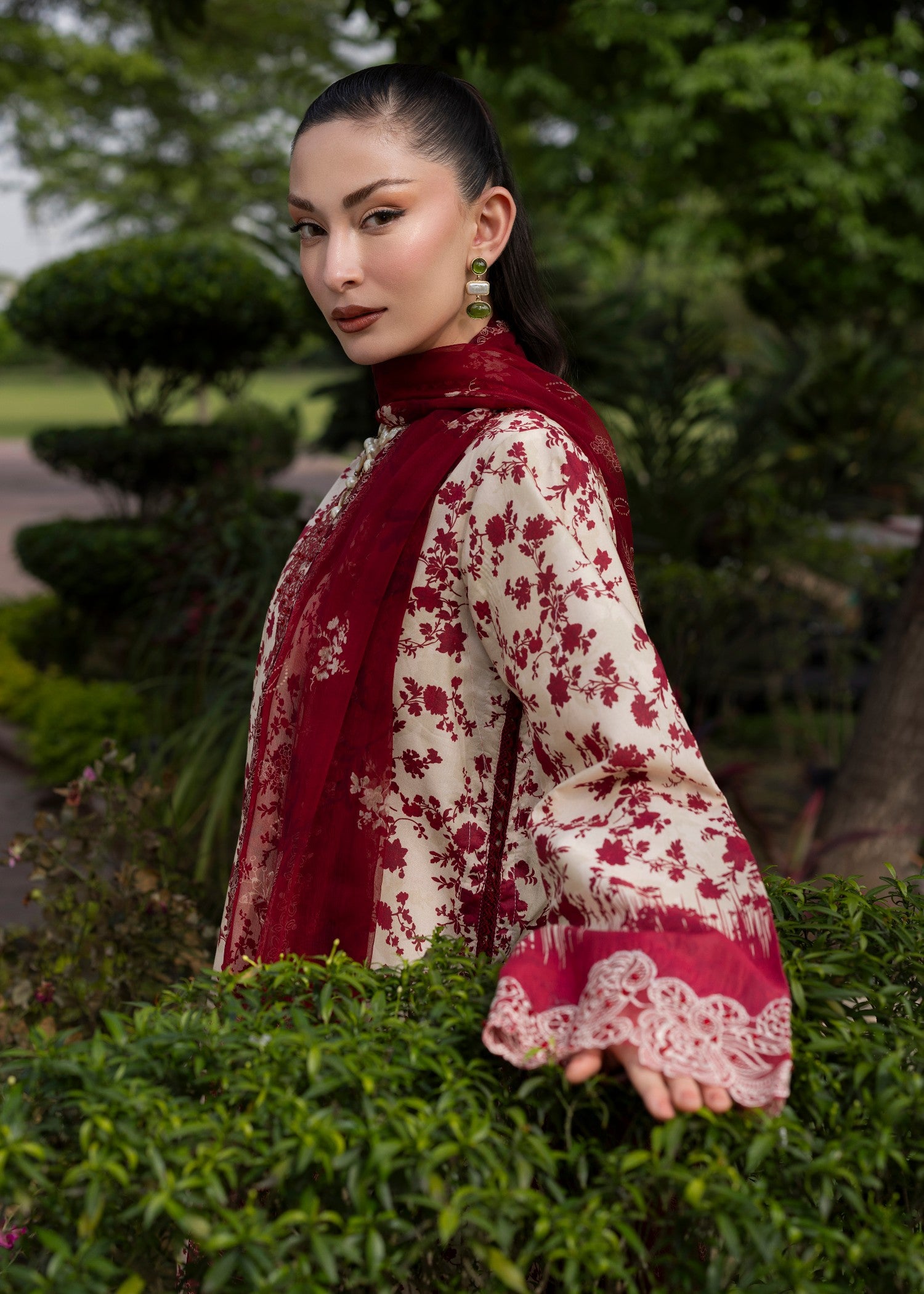 lawn Unstitched in Cream, blood red