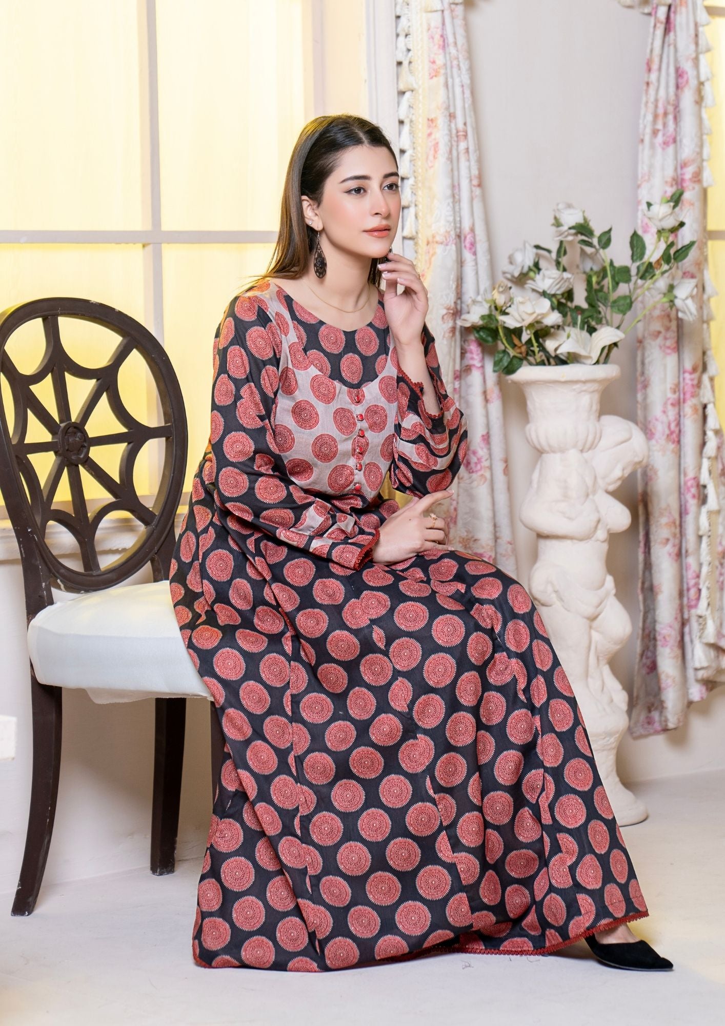 lawn Pishwas in Maroon, black, beige
