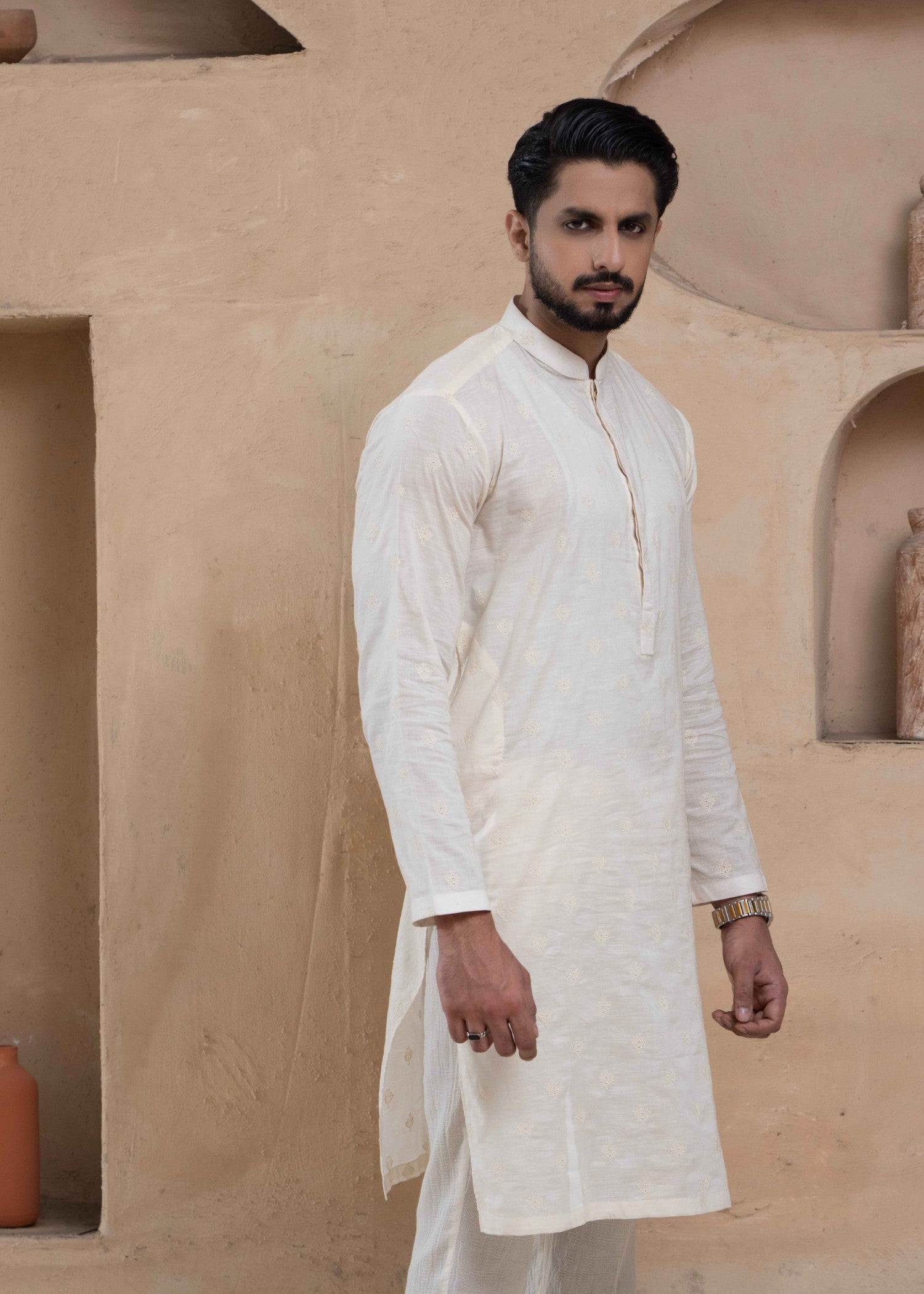 cotton jacquard Kurta in Off-white