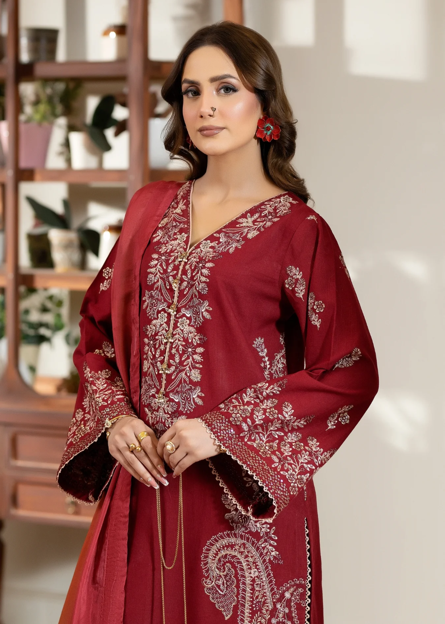 self jacquard Kurta Set in Red