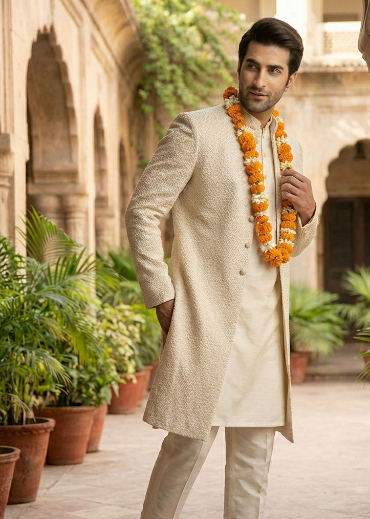 silk Sherwani in White, gold, ivory