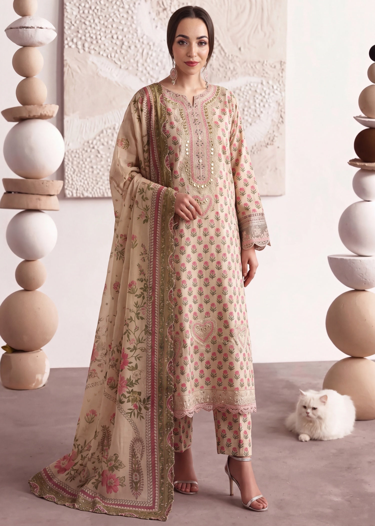 poly lawn Kurta Set in Beige, ivory