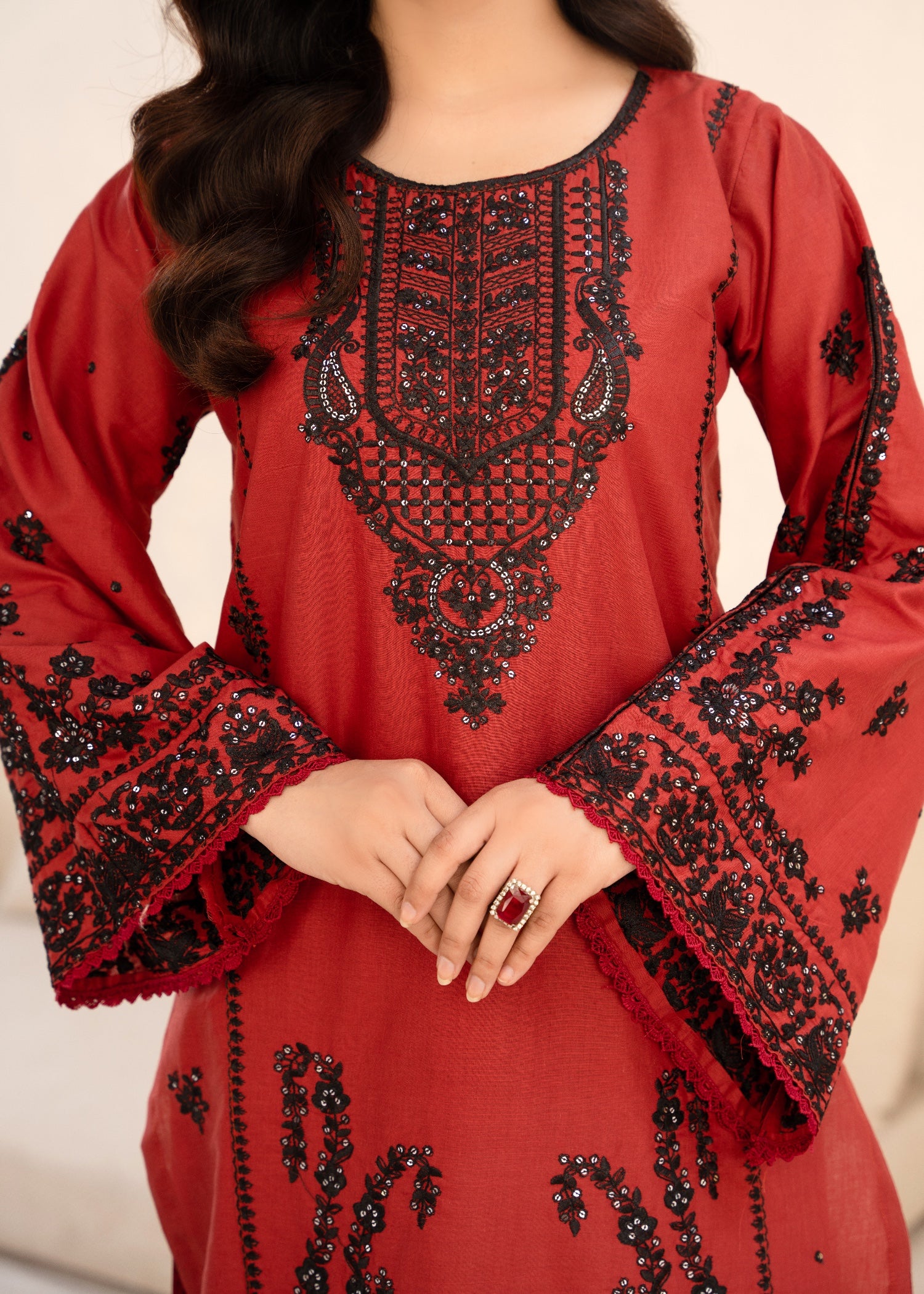 cambric Kurta Set in Rust red