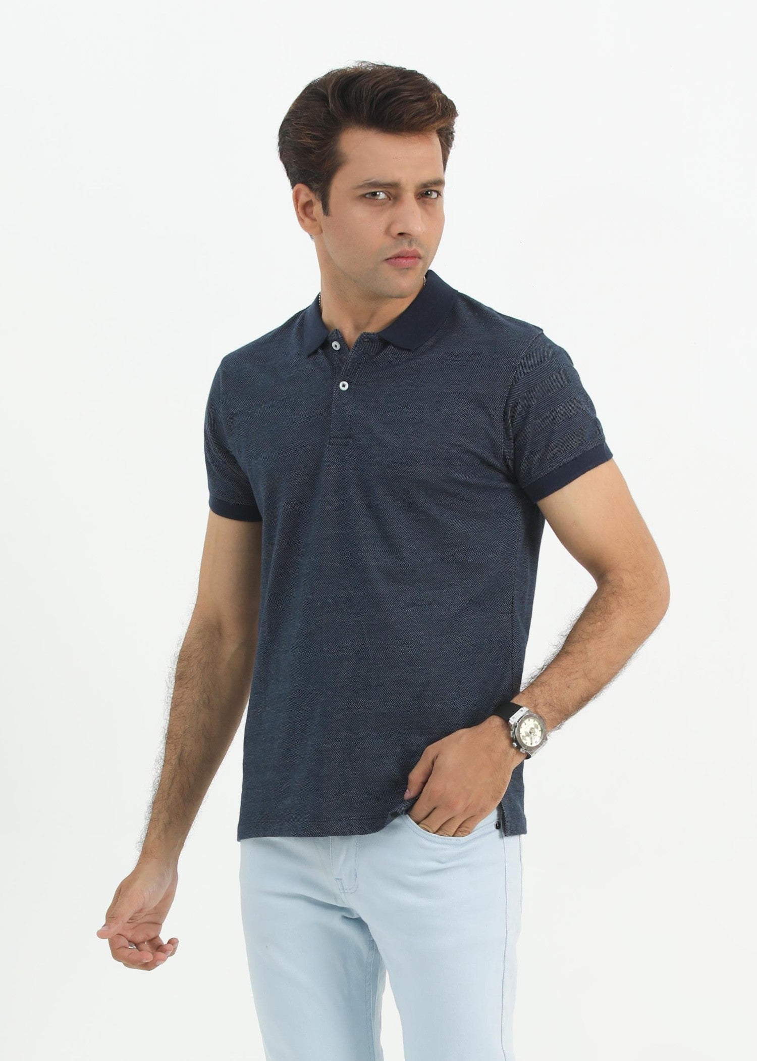 single jersey knit Polo Shirt in Dark blue