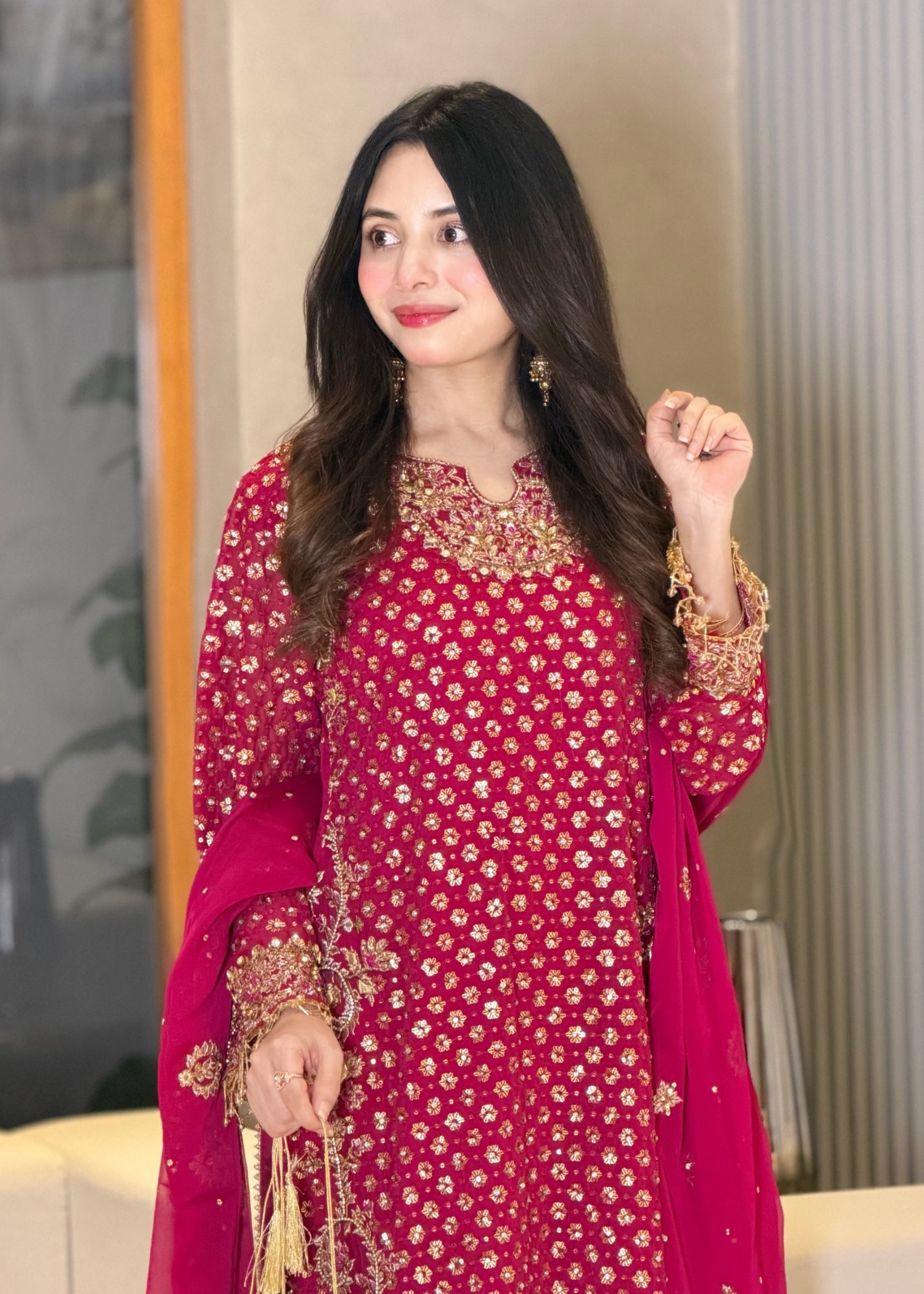 chiffon Kurta Set in Hot pink