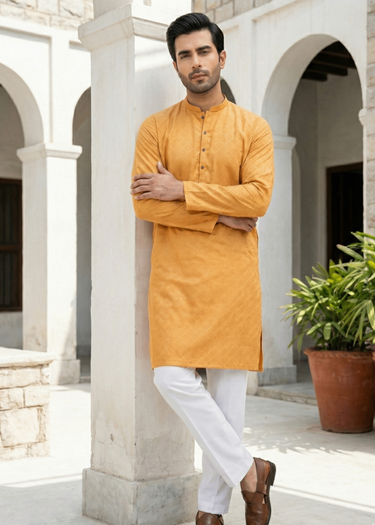 cotton jamawar Kurta in Mustard, yellow