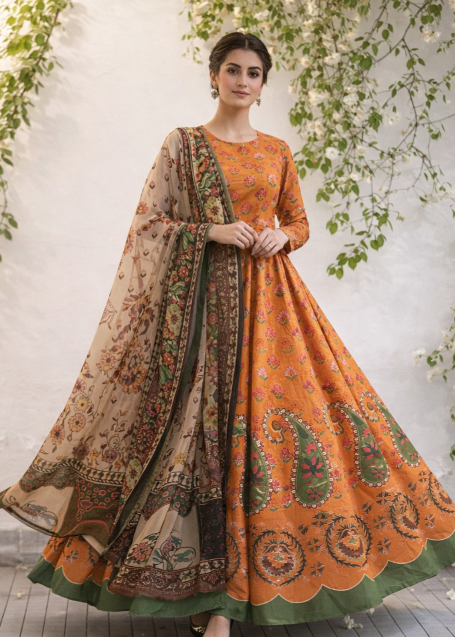 poly lawn Anarkali in Pumpkin orange