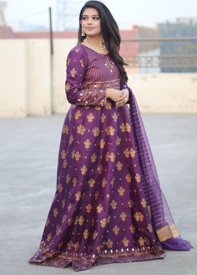 satin silk Anarkali in Purple