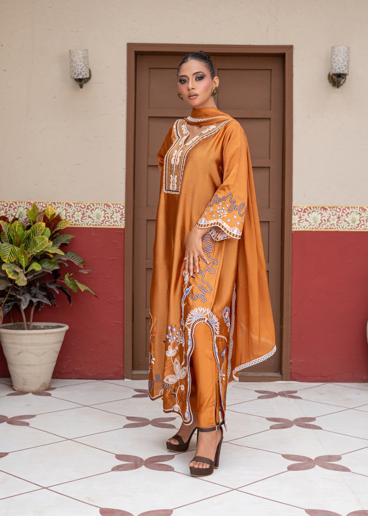 raw silk Kaftan in Mustard, yellow-orange