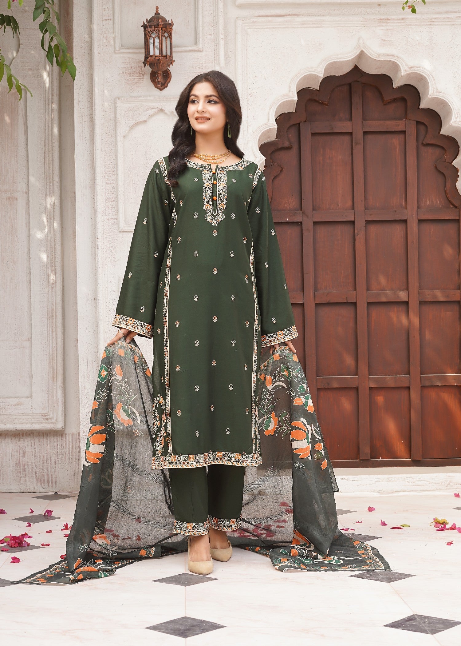 arabic lawn Kurta Set in Olive green