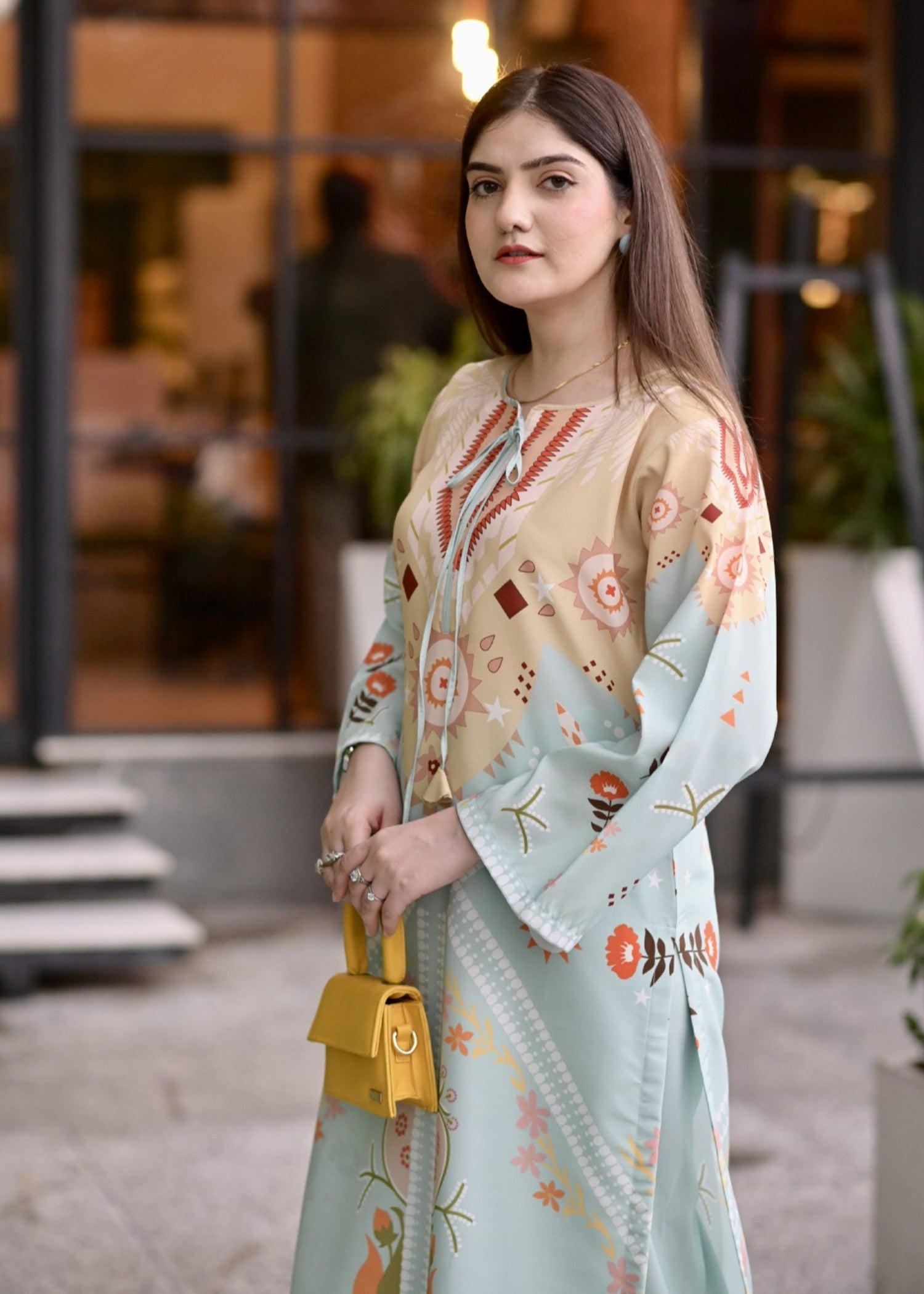 blended khaddar Kurta Set in Light blue, light yellow