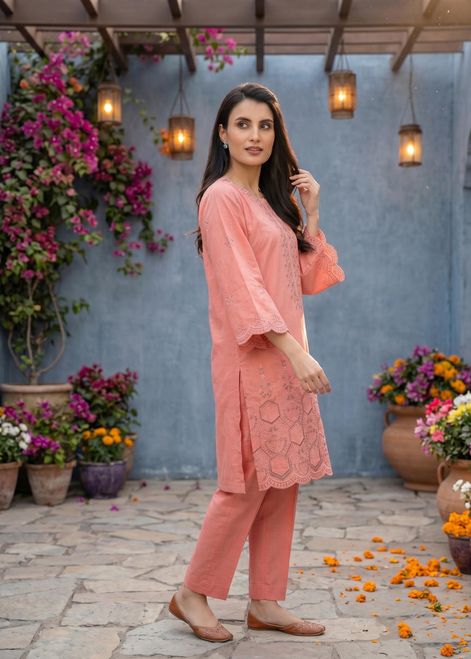 textured lawn Kurti in Peach pink