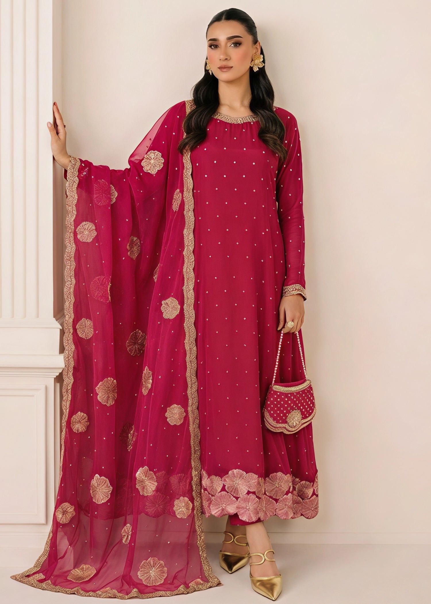 chiffon Pishwas in Hot pink