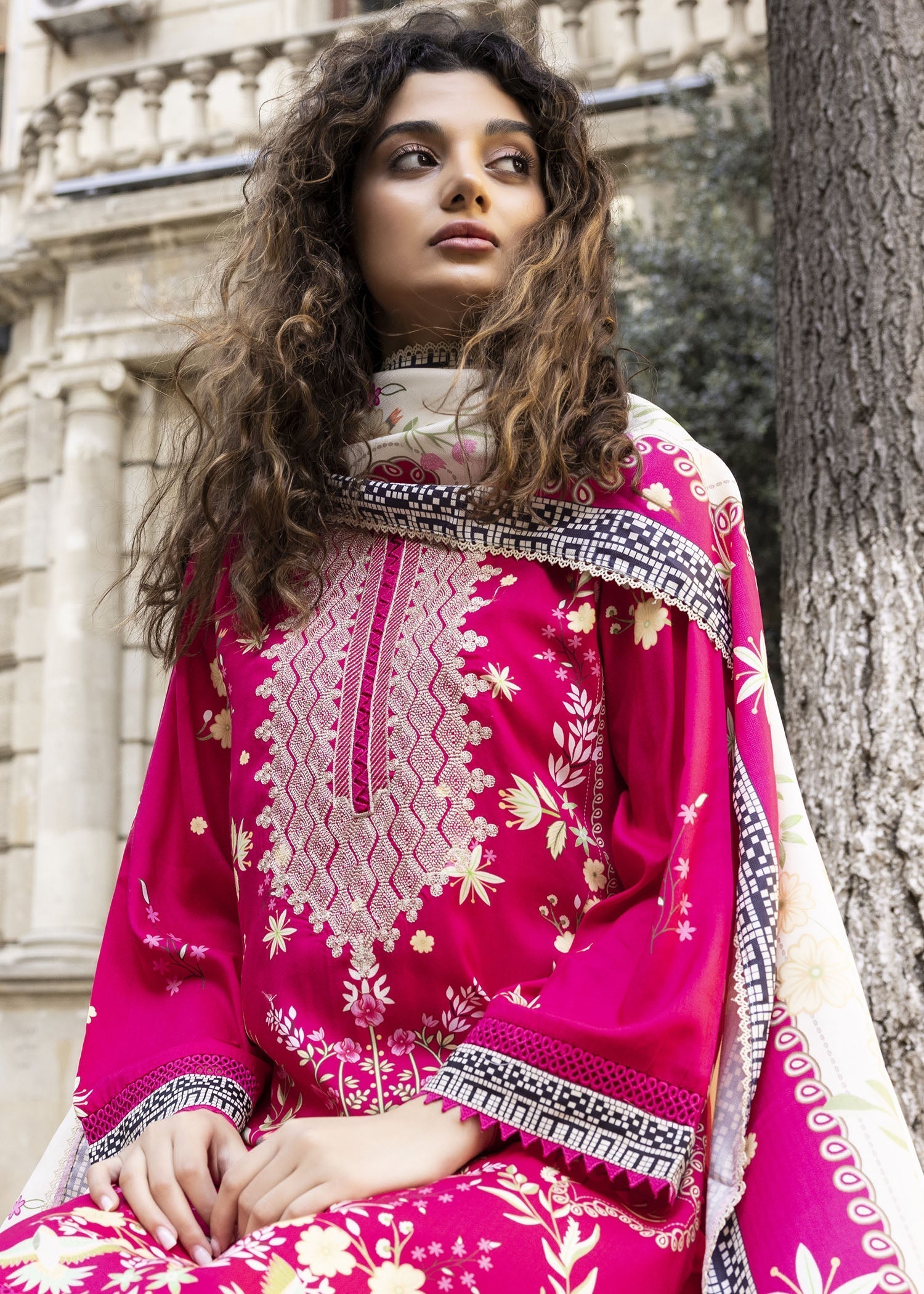 linen Kurta Set in Shocking pink
