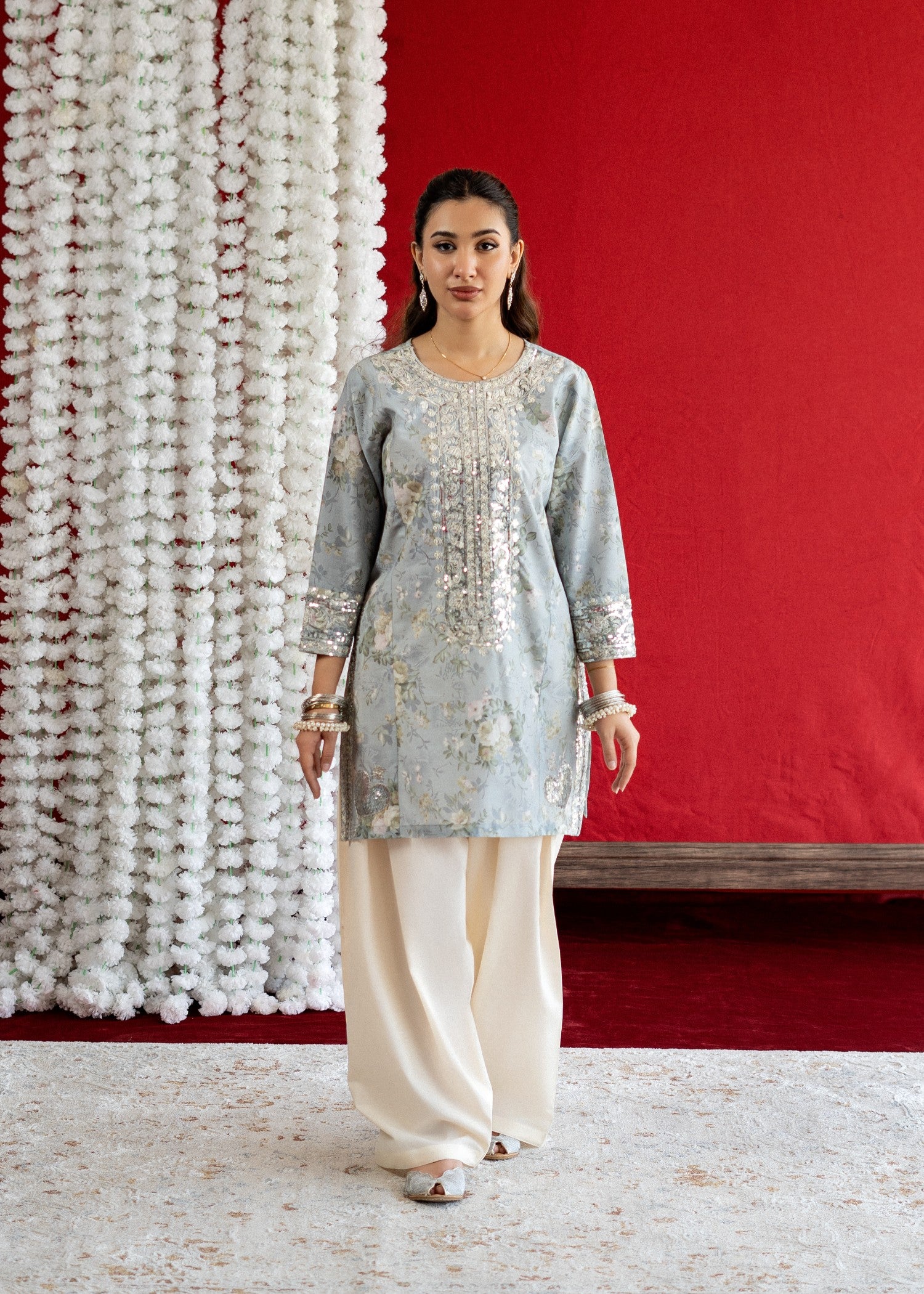 lawn Kurta Set in Off-white, light blue