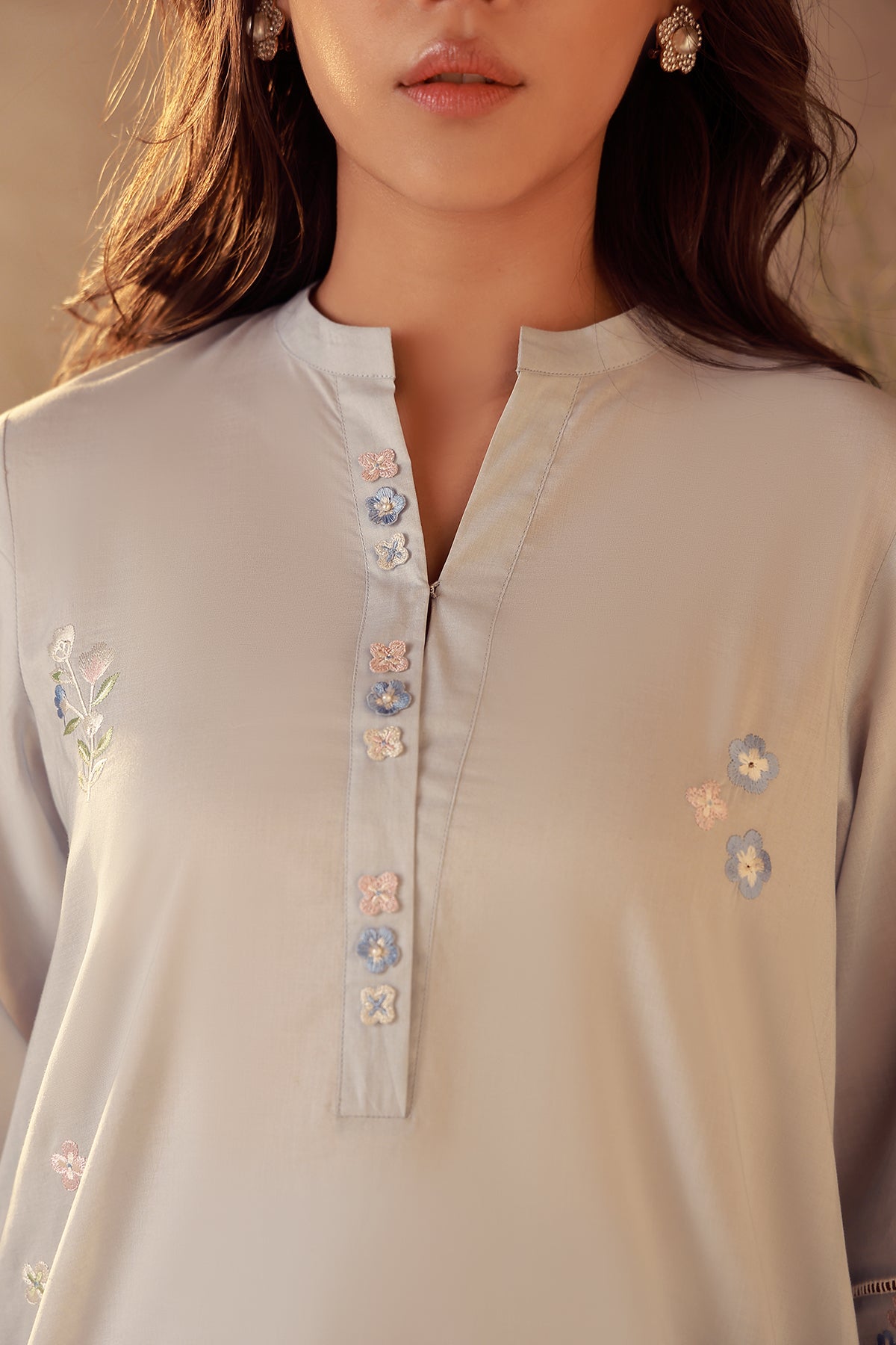 slub cambric Kurta Set in Slate grey