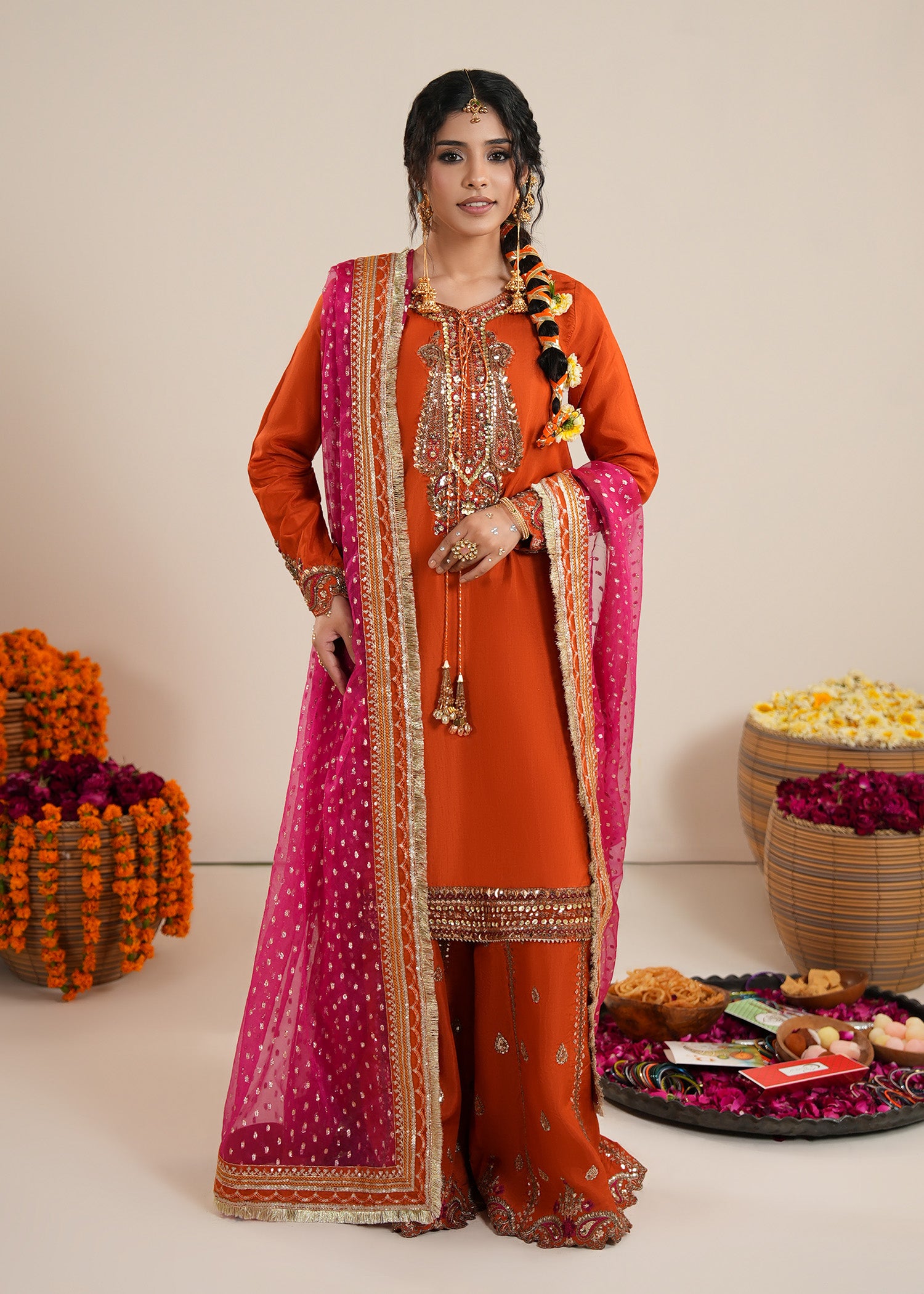 raw silk Sharara in Rust orange