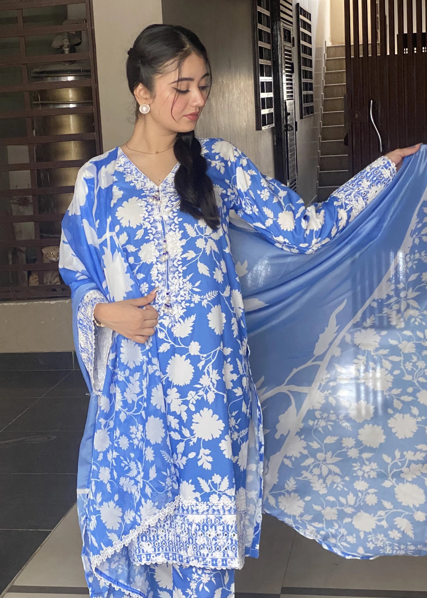 cotton silk Kurta Set in Cornflower blue