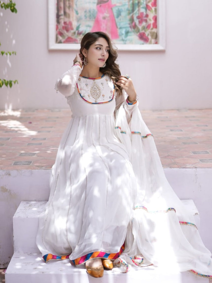 polyester chiffon Pishwas in White