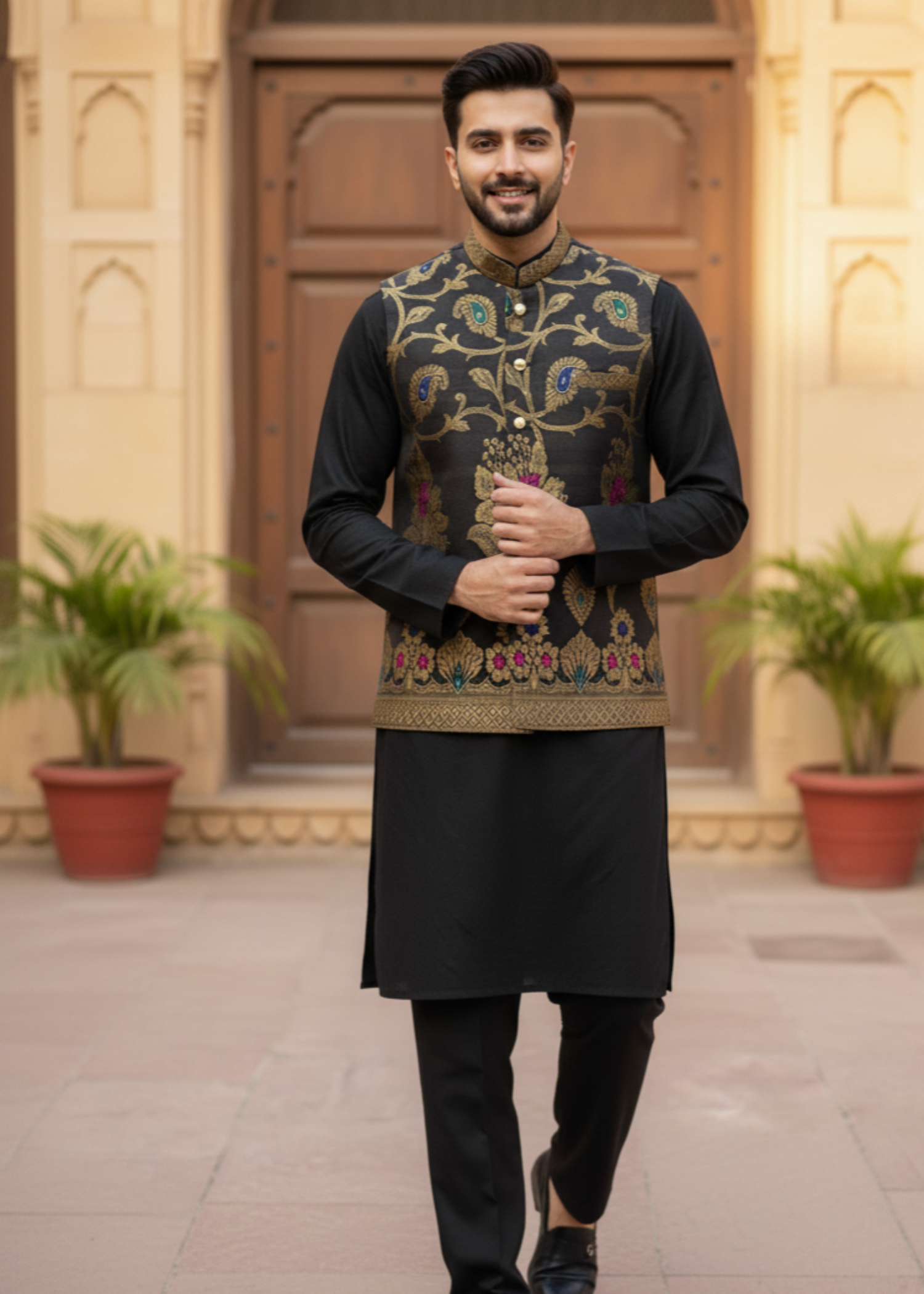 banarasi Waistcoat in Charcoal black
