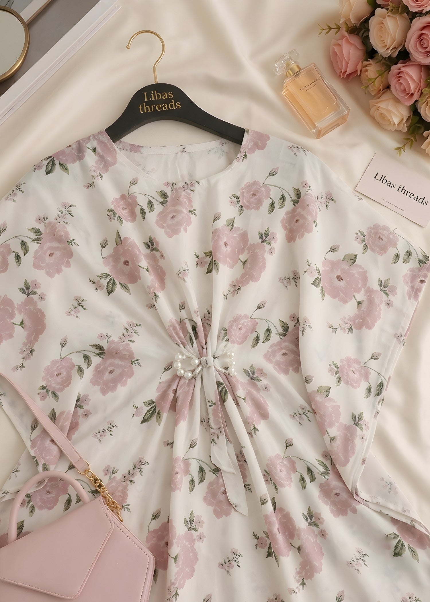 poly silk Kaftan in Baby pink, white