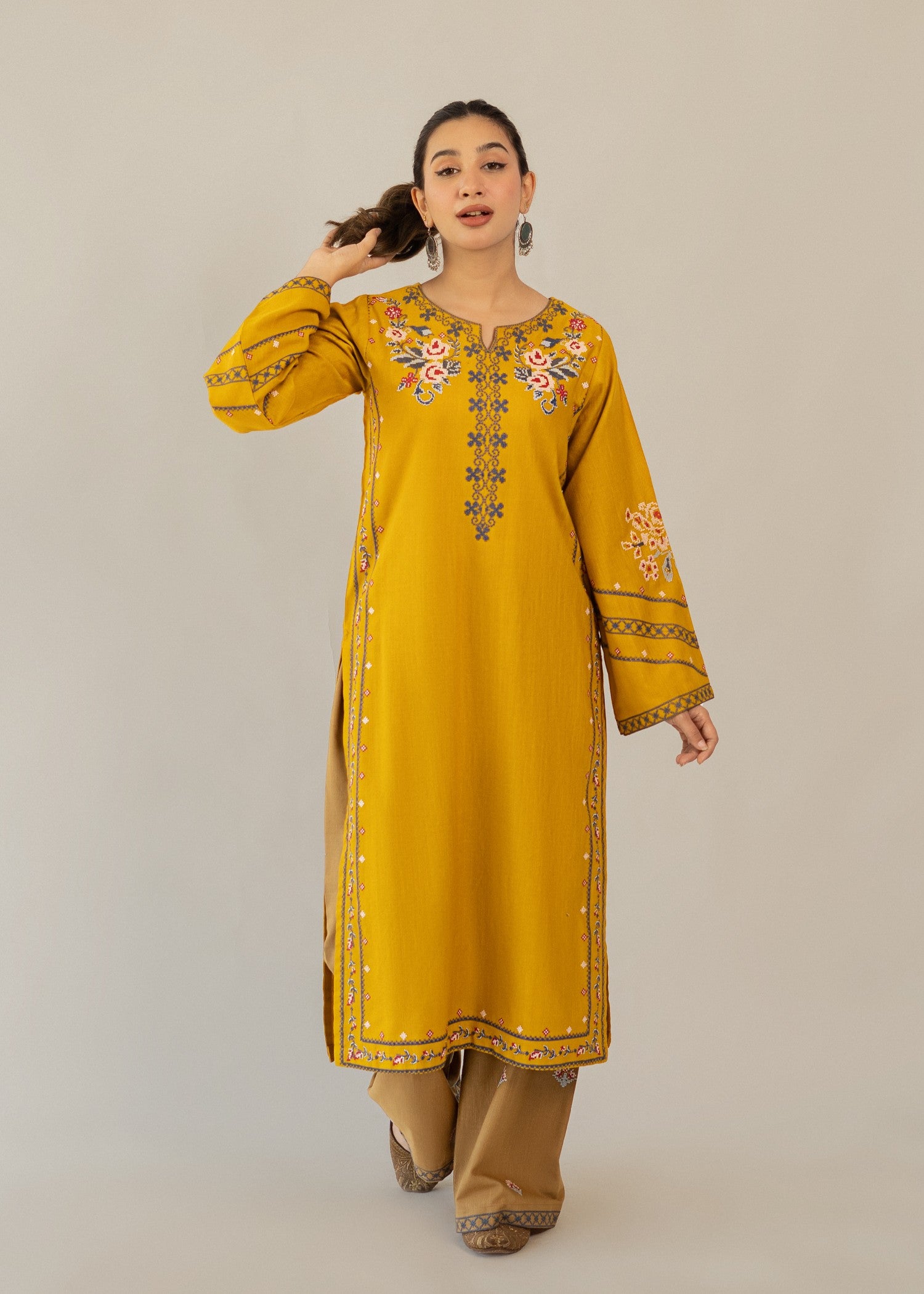 slub khaddar Kurta Set in Mustard, almond brown