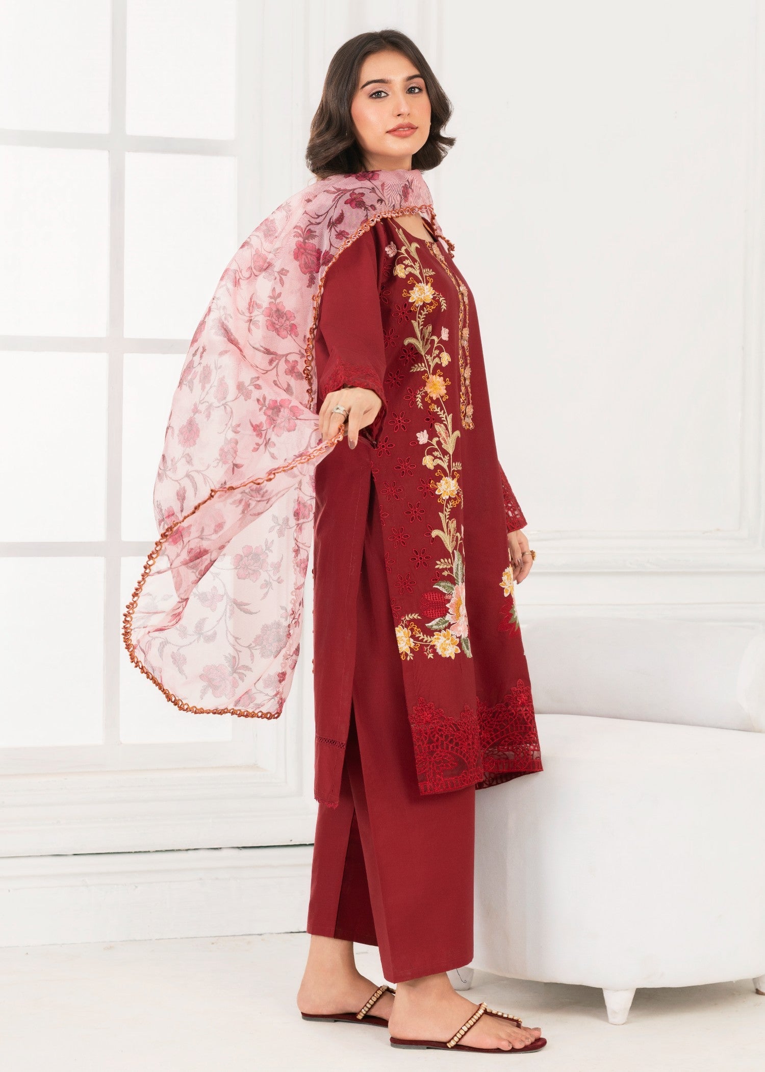 cambric Kurta Set in Crimson