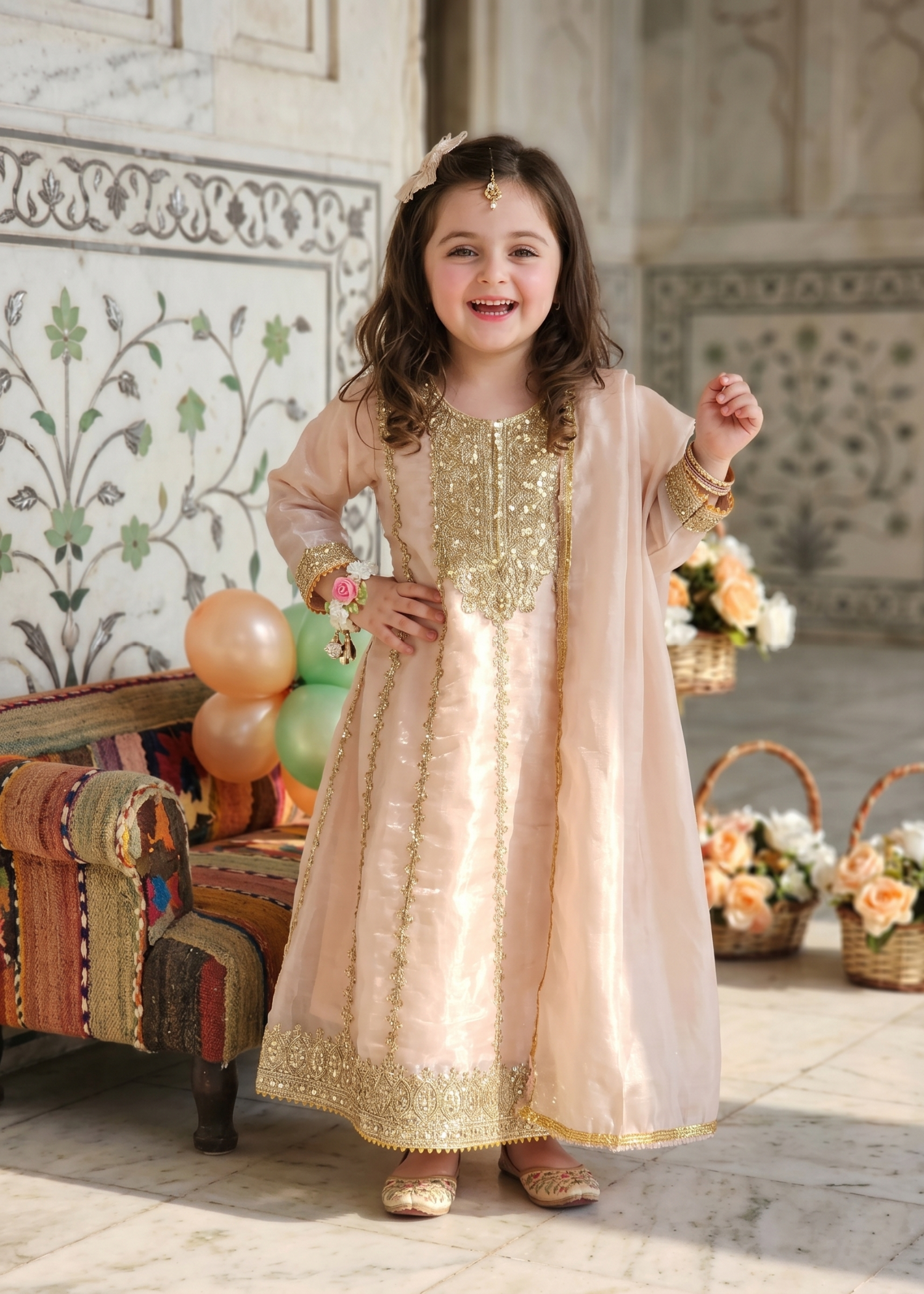 tissue silk Pishwas in Tea rose pink