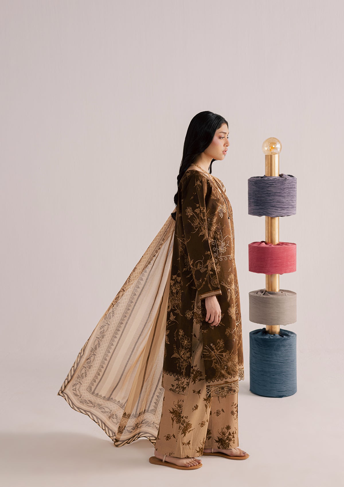 lawn Kurta Set in Dark brown
