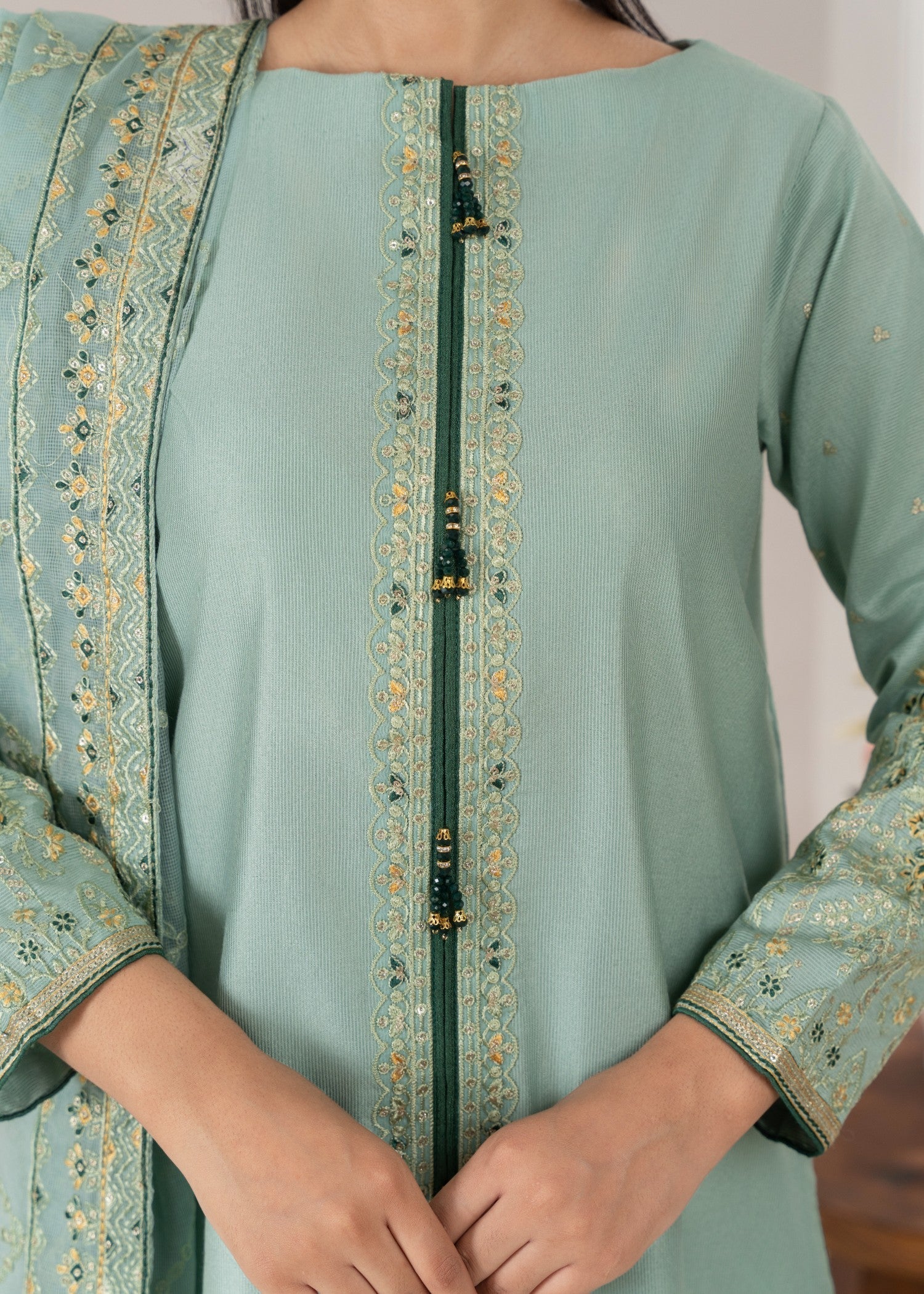 chambray Kurta Set in Moss green