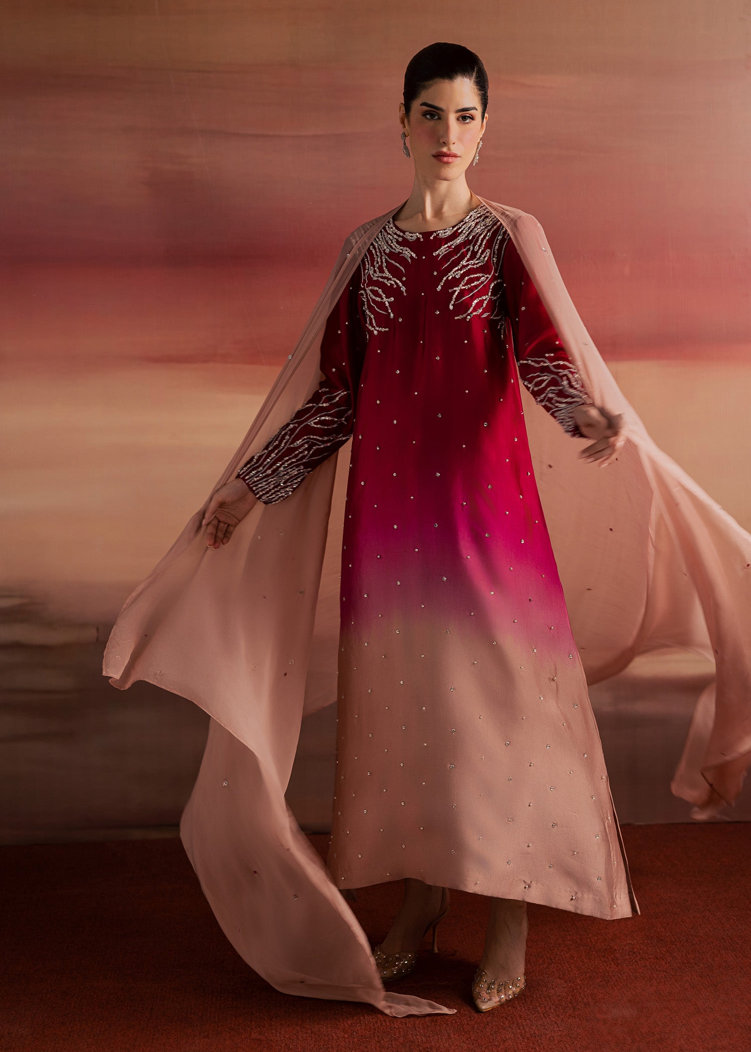 tussar silk Kaftan in Crimson