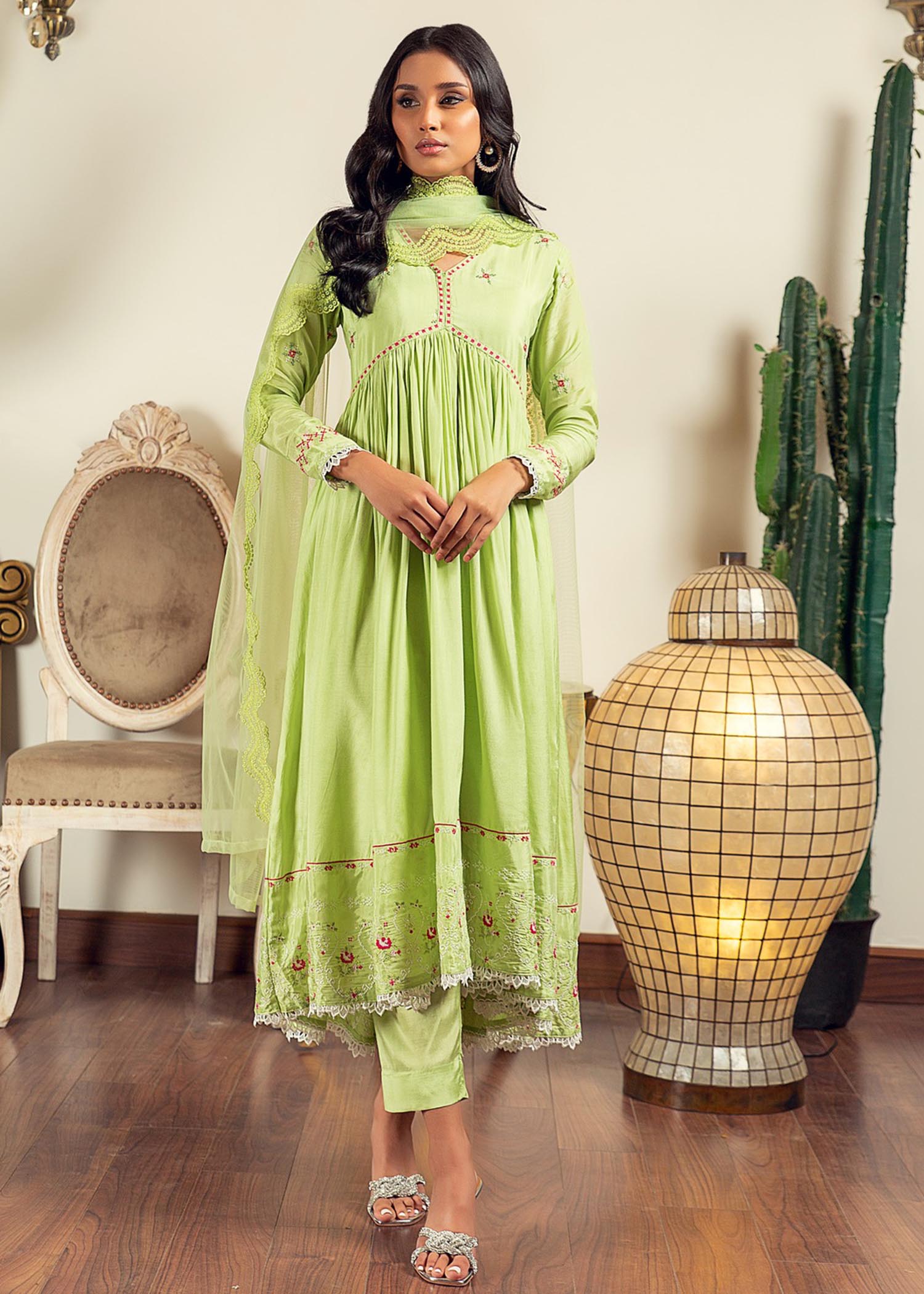cotton silk Pishwas in Apple green