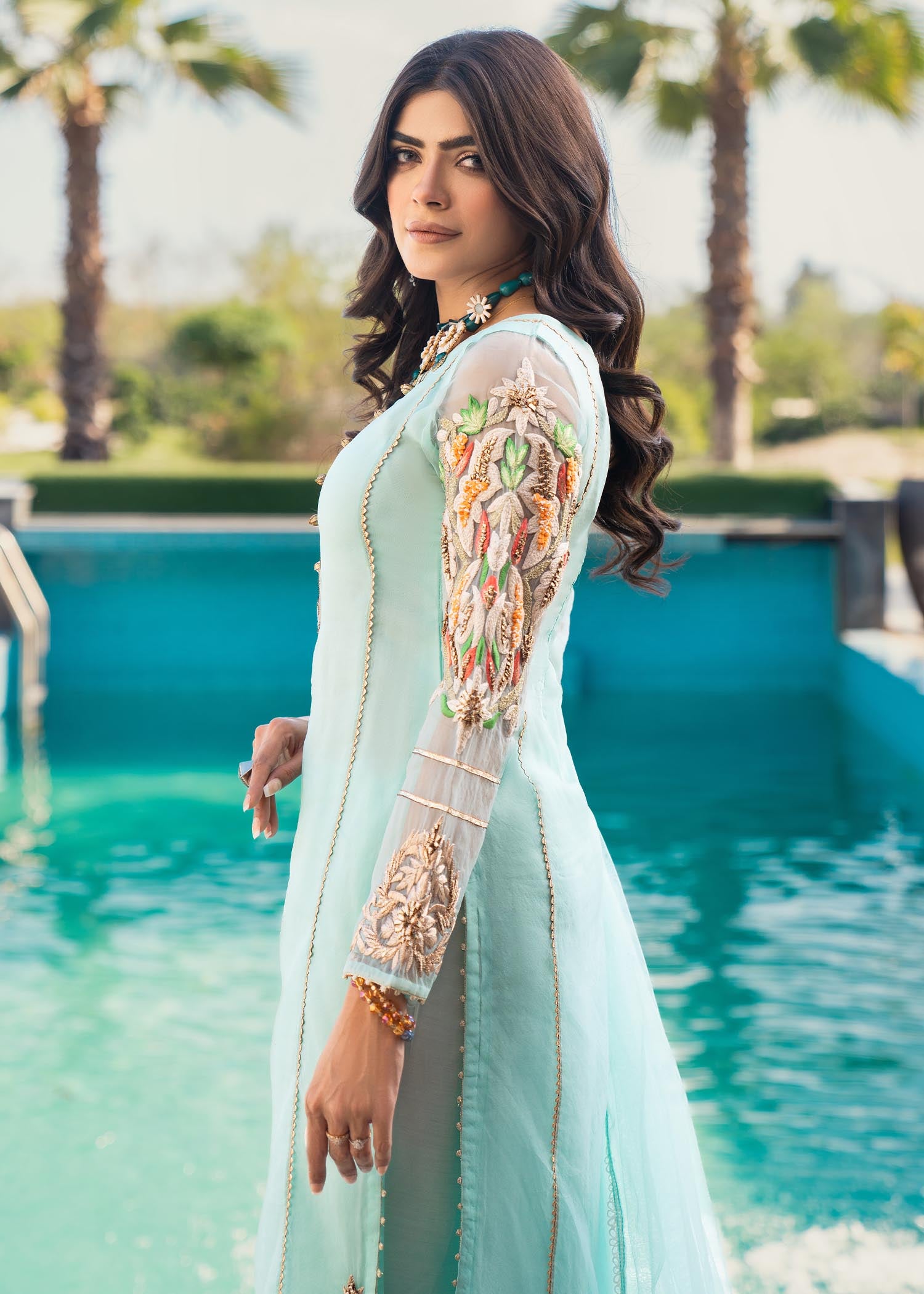 organza Kurta Set in Light cyan