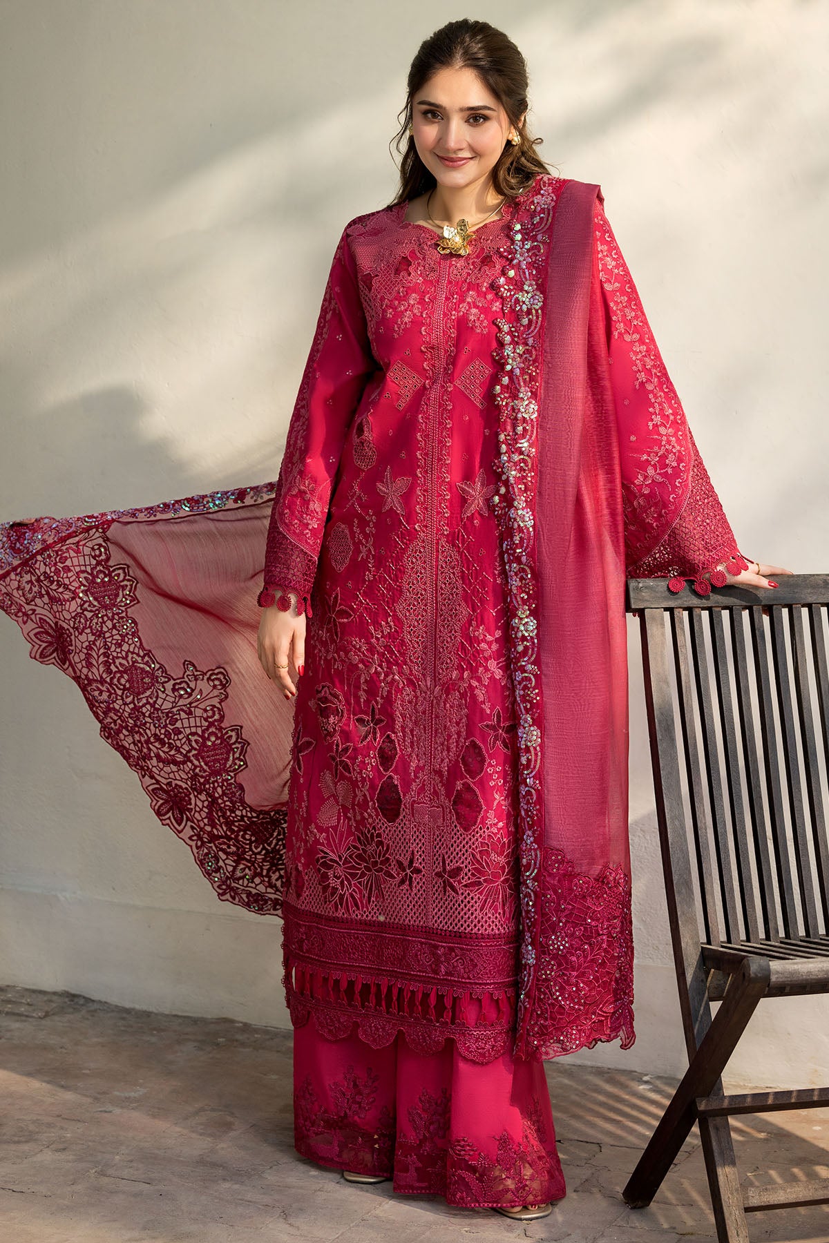 lawn Kurta Set in Hot pink