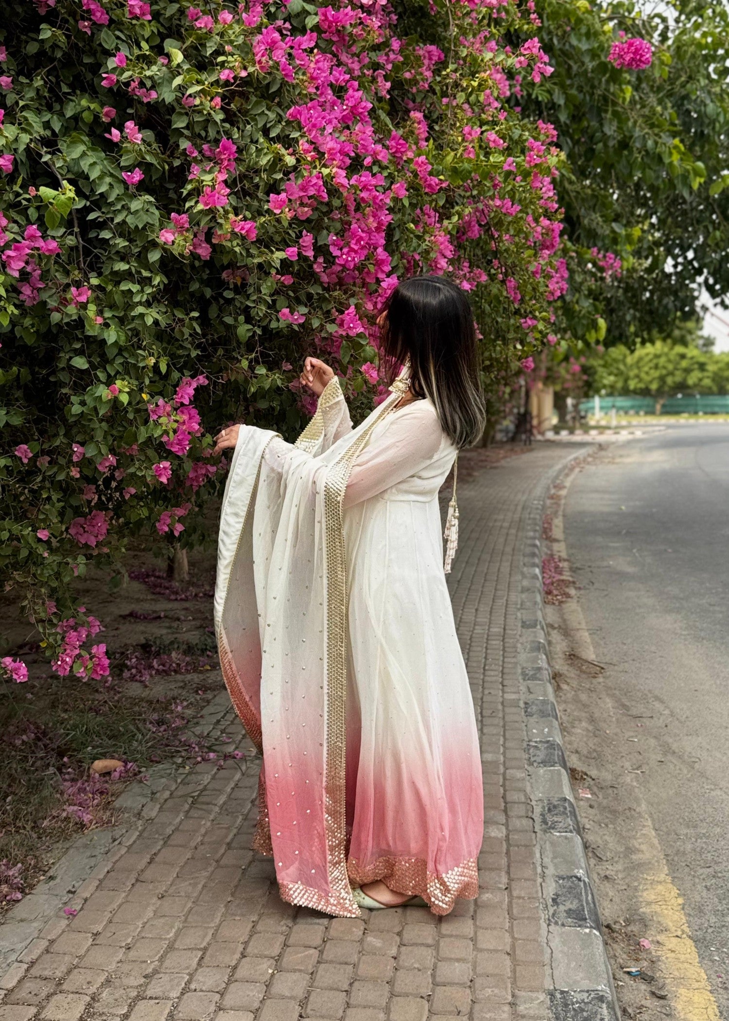 chiffon Pishwas in Tea rose pink, ivory