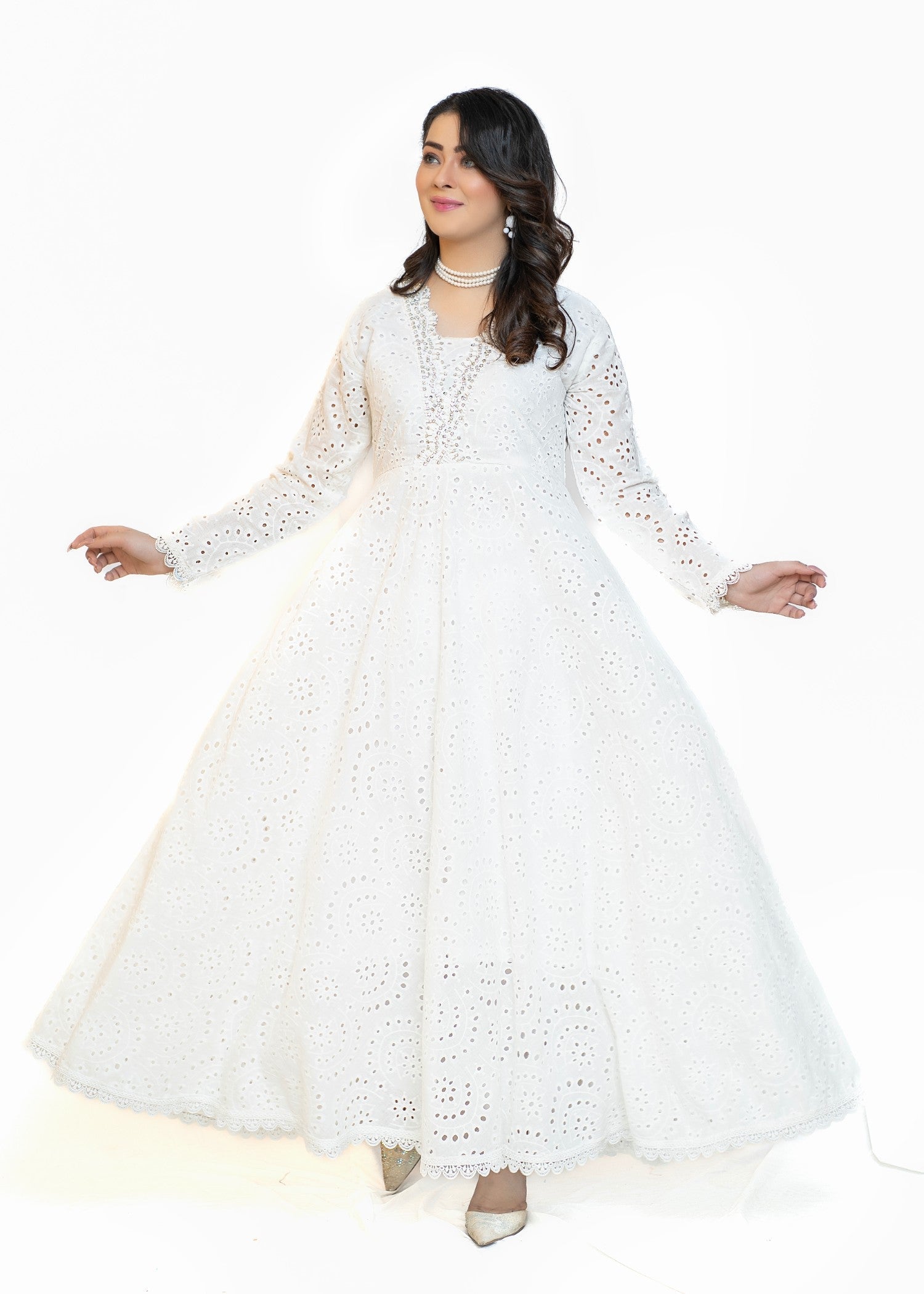 chikankari cotton Maxi in White