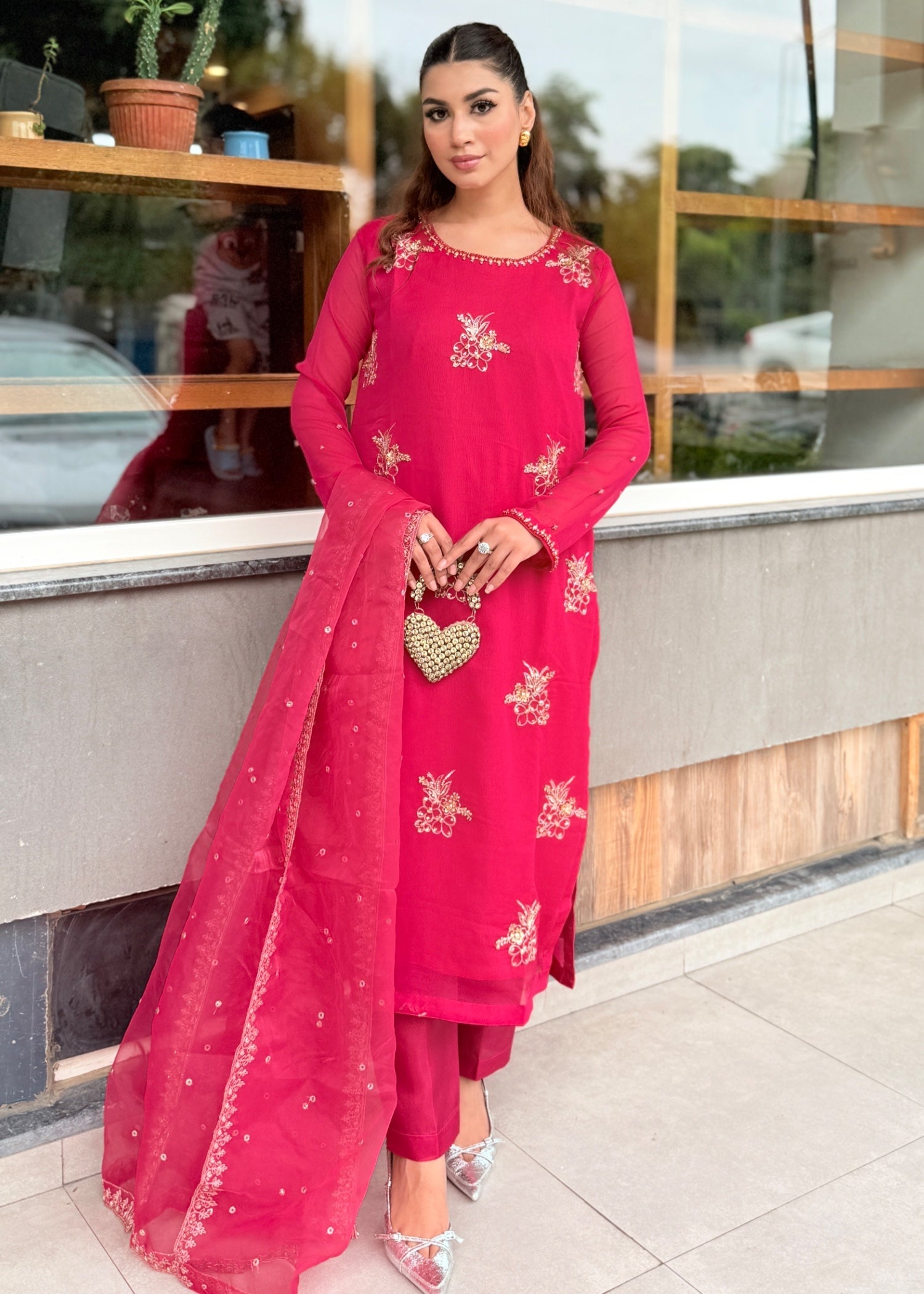 chiffon Kurta Set in Raspberry pink
