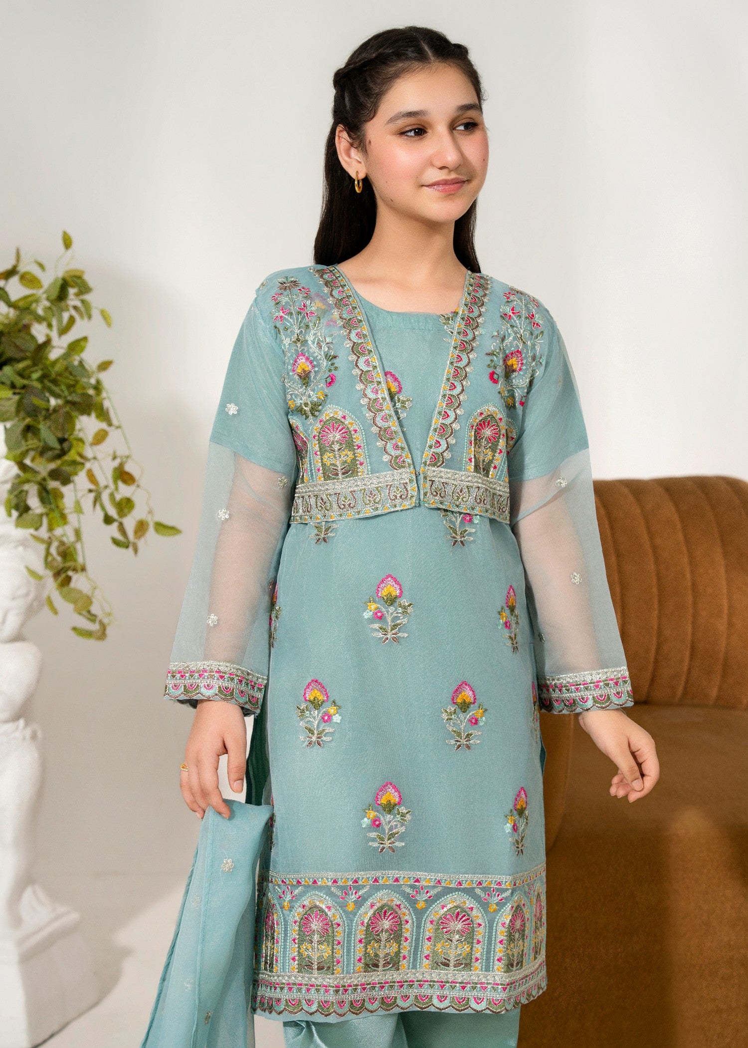 organza Kurta Set in Frost blue