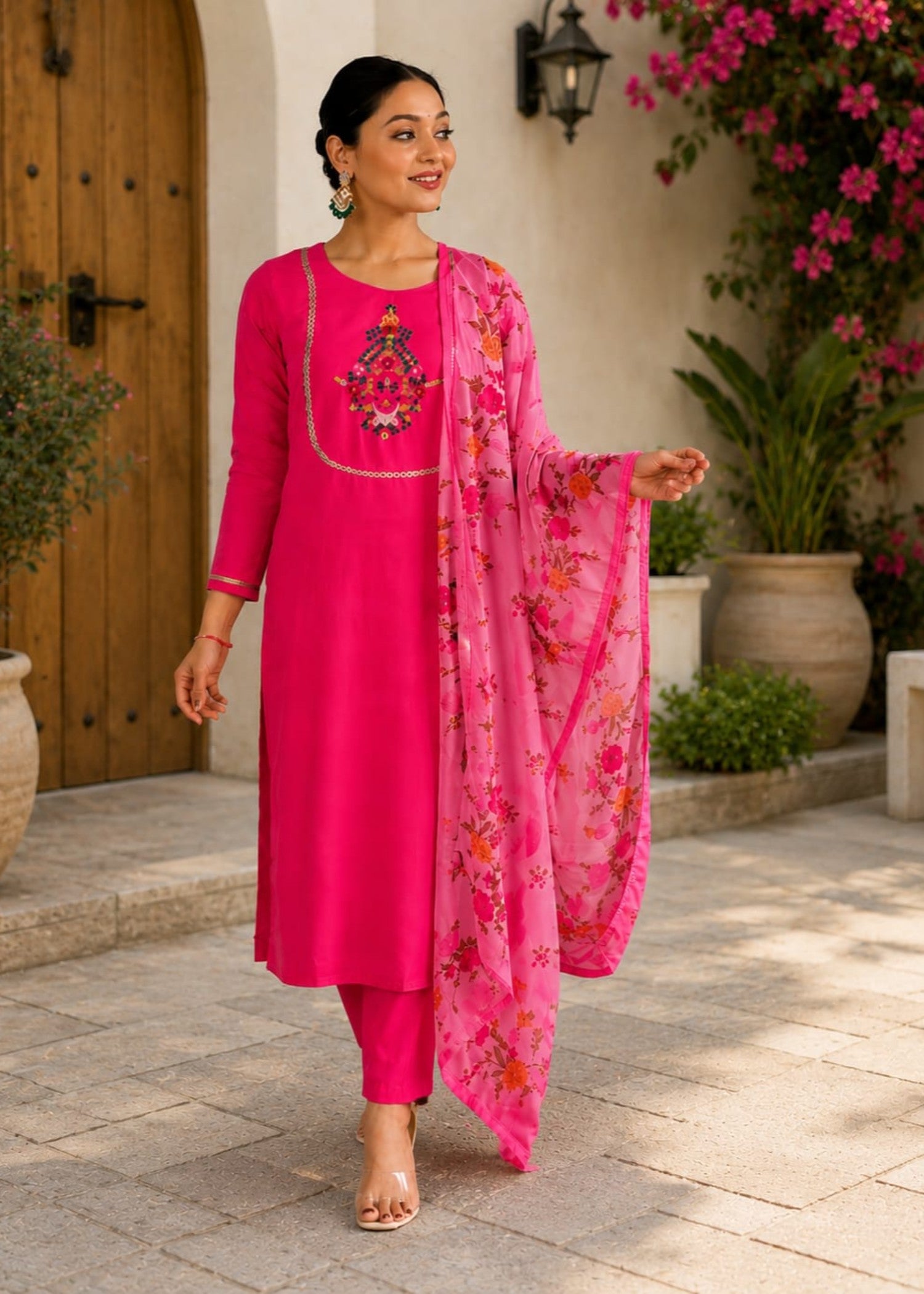 linen Kurta Set in Hot pink