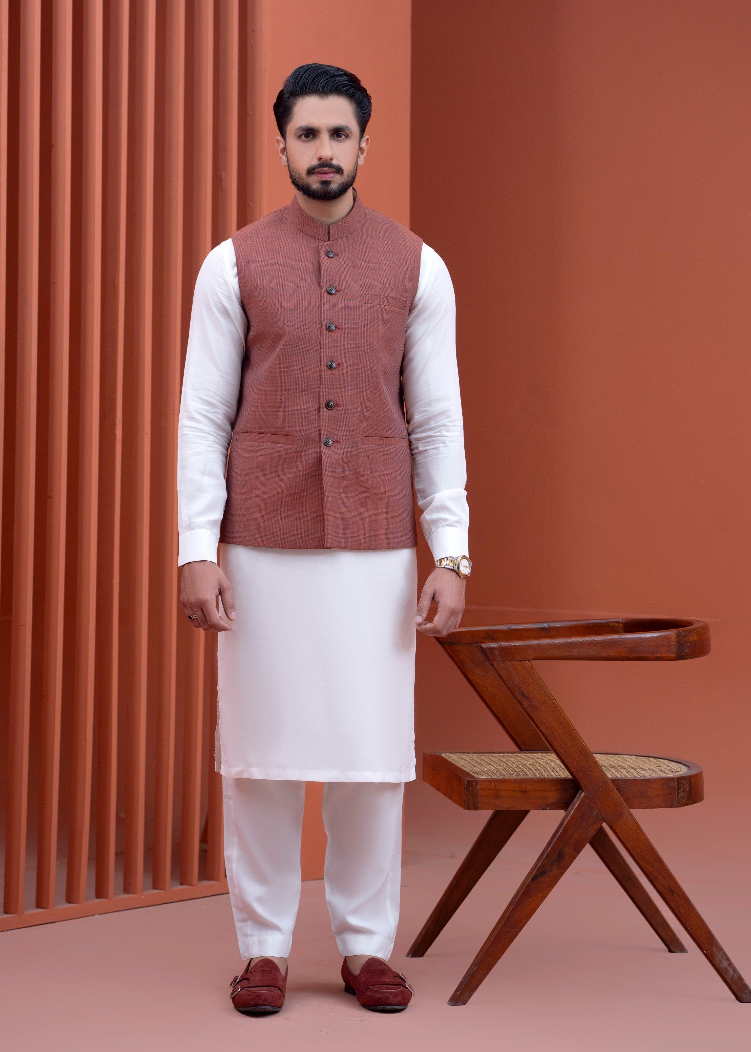 fine khaddar Waistcoat in Copper red