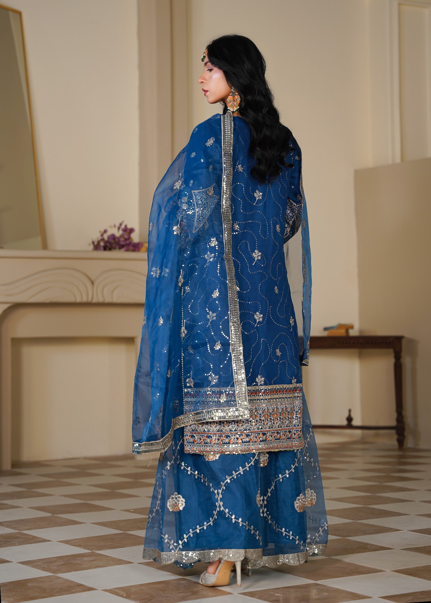 chiffon Sharara in Sapphire blue, gold