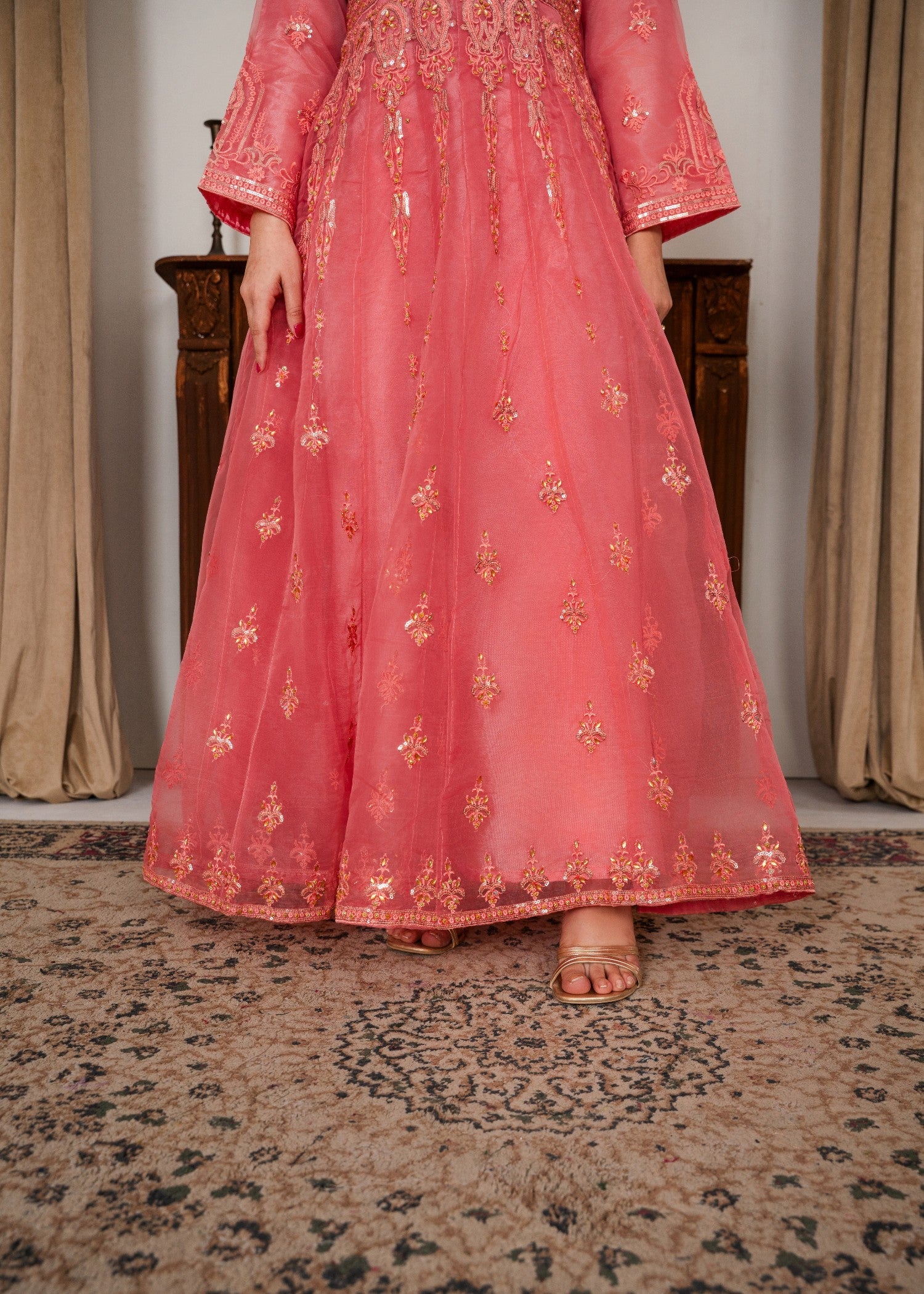 organza Pishwas in Peach pink