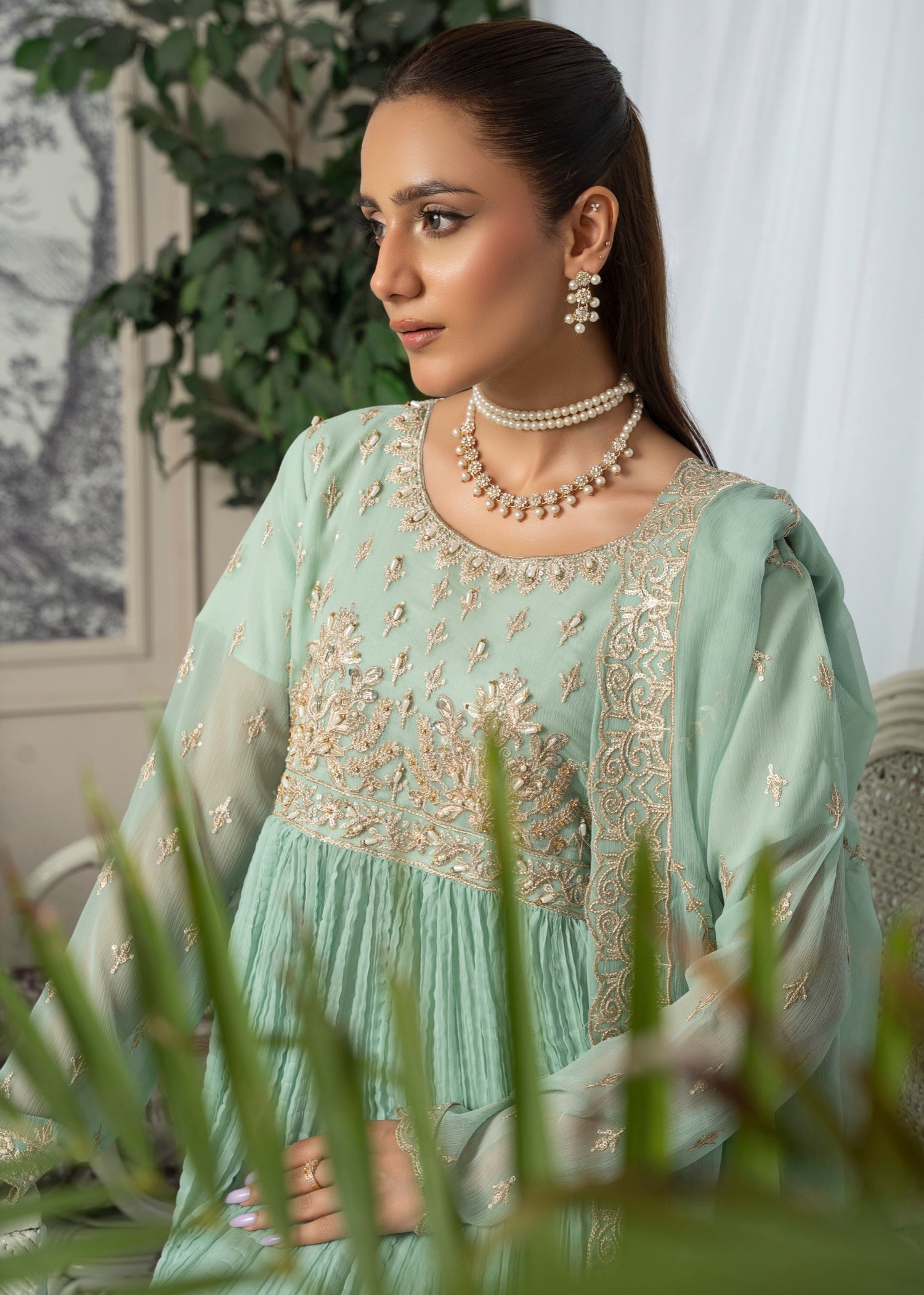 chiffon Pishwas in Mint green