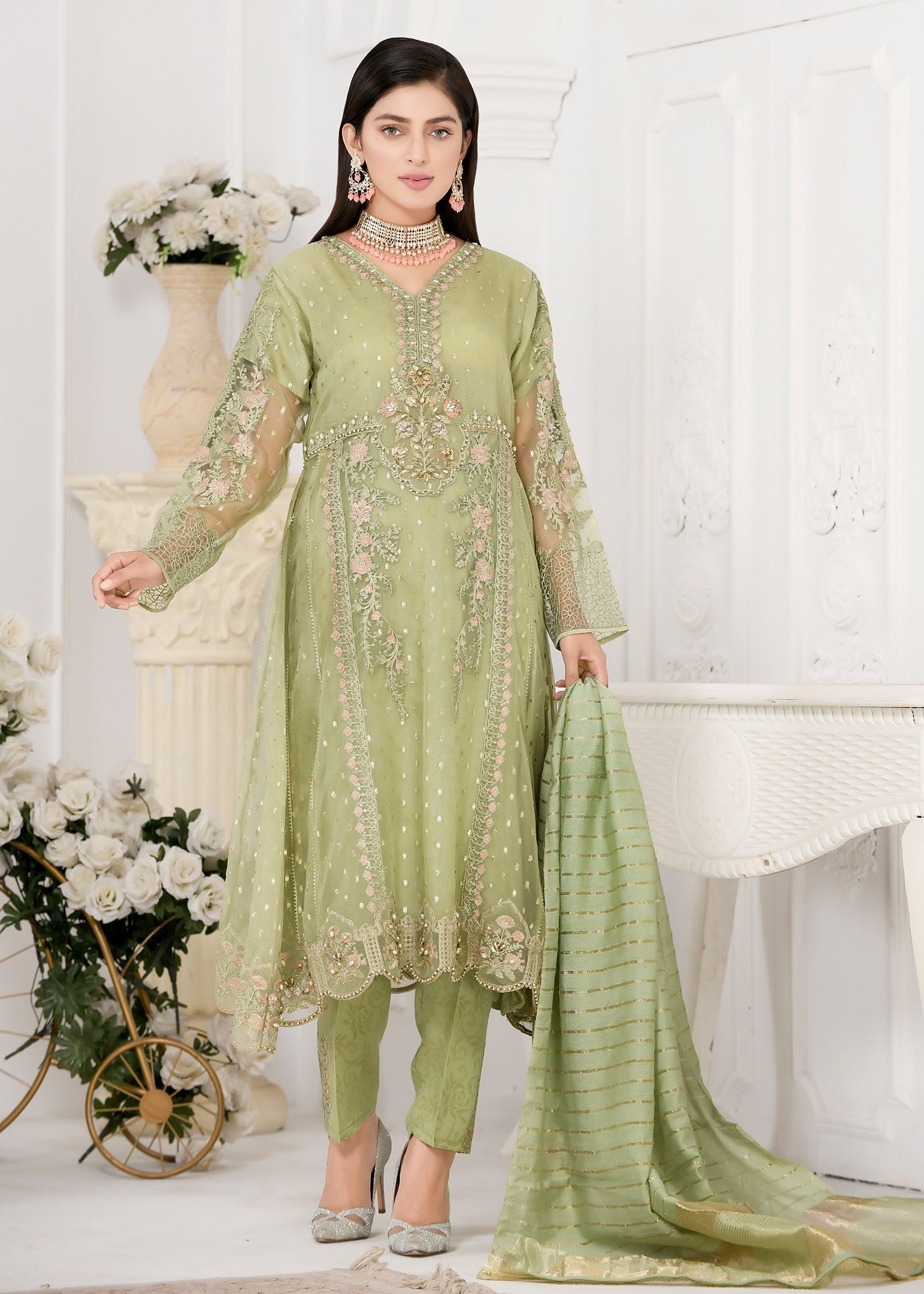 organza Pishwas in Pistachio green