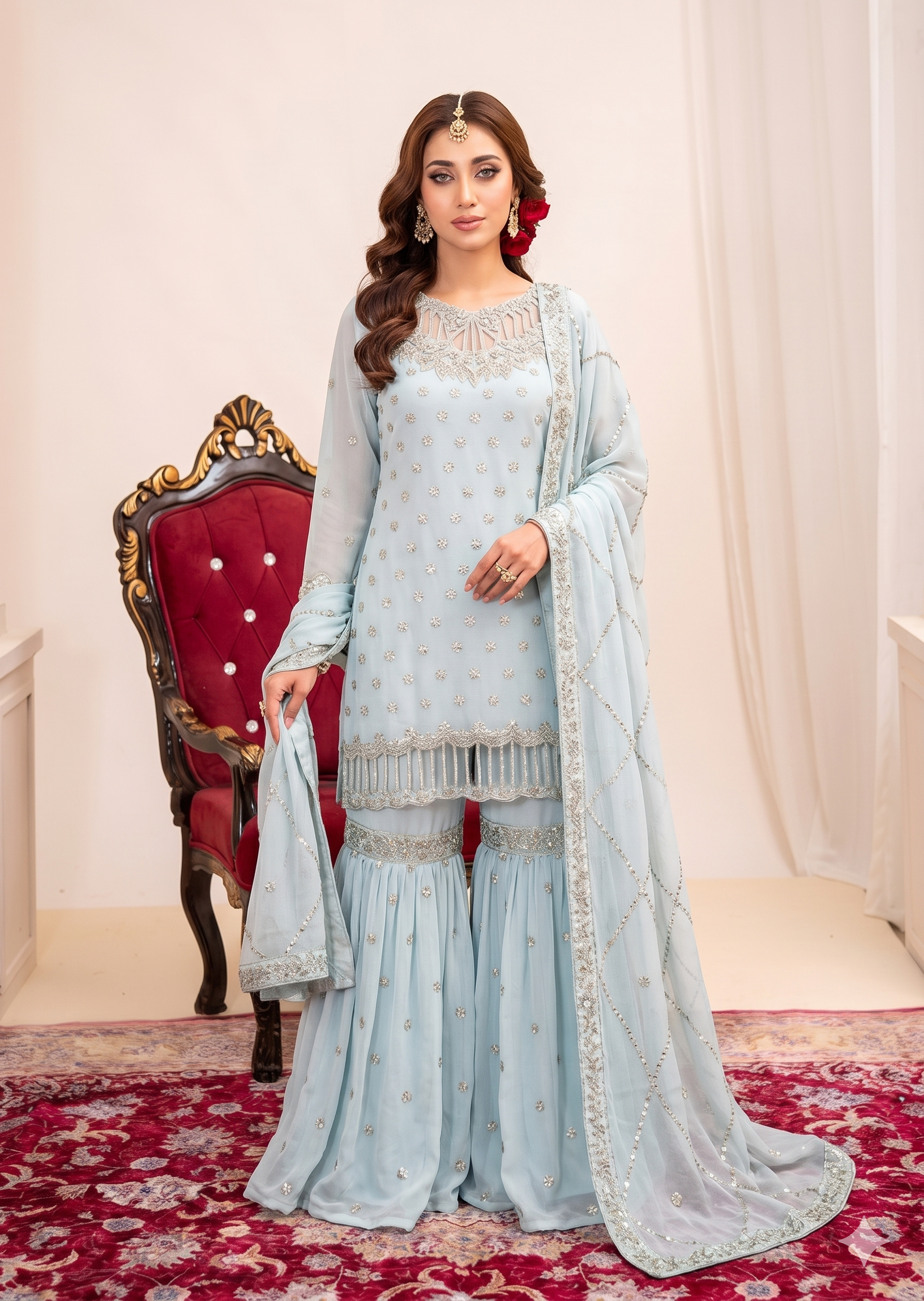 bemberg crinkle chiffon Gharara in Light blue