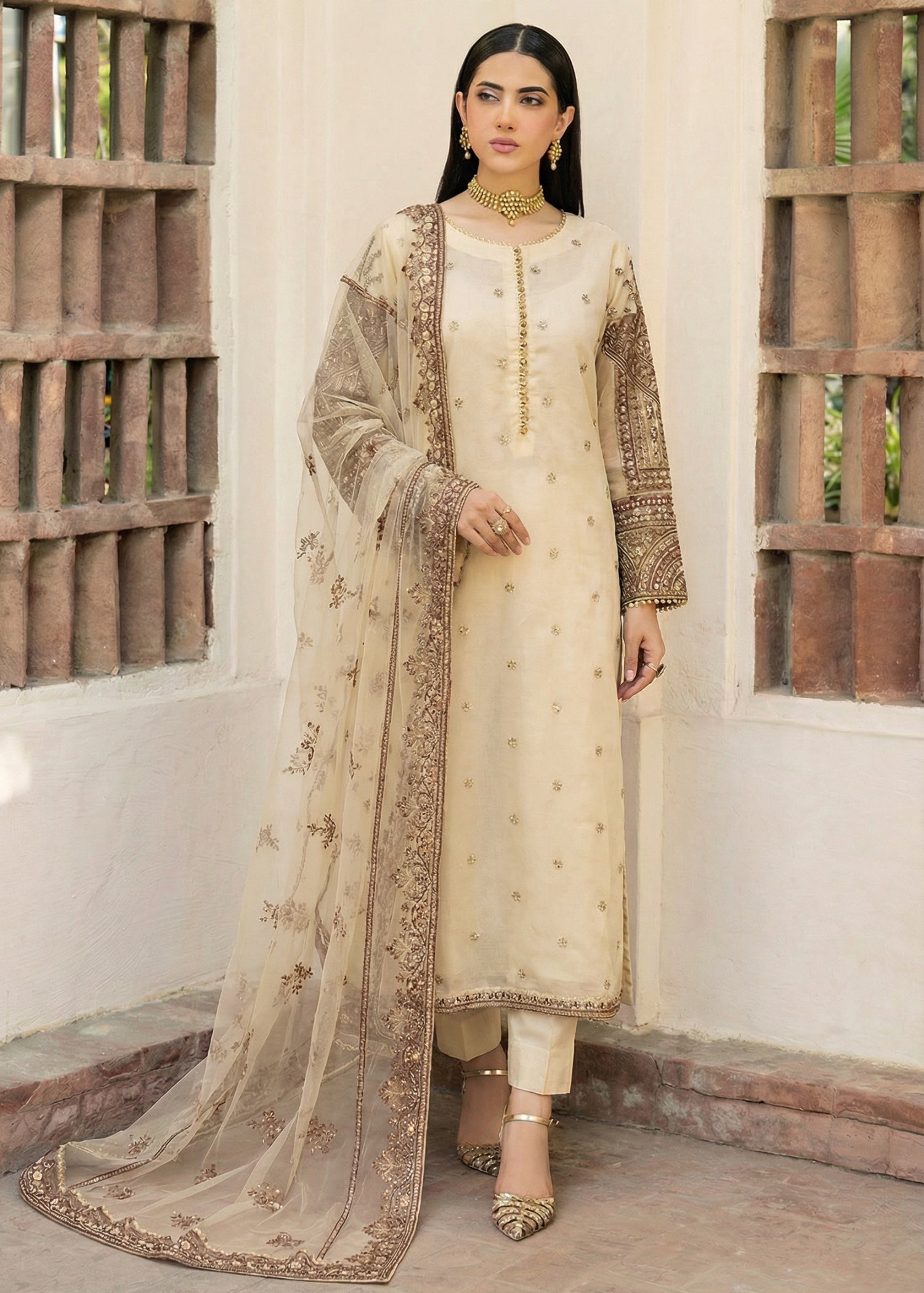net Kurta Set in Cream