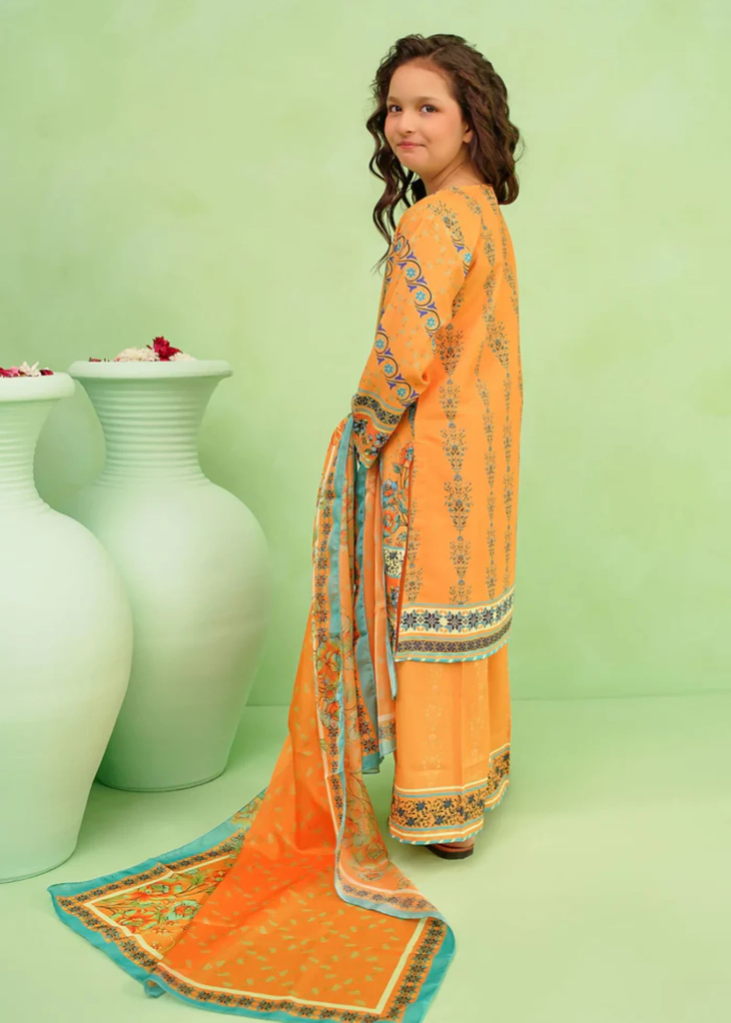 poly lawn Kurta Set in Yellow-orange